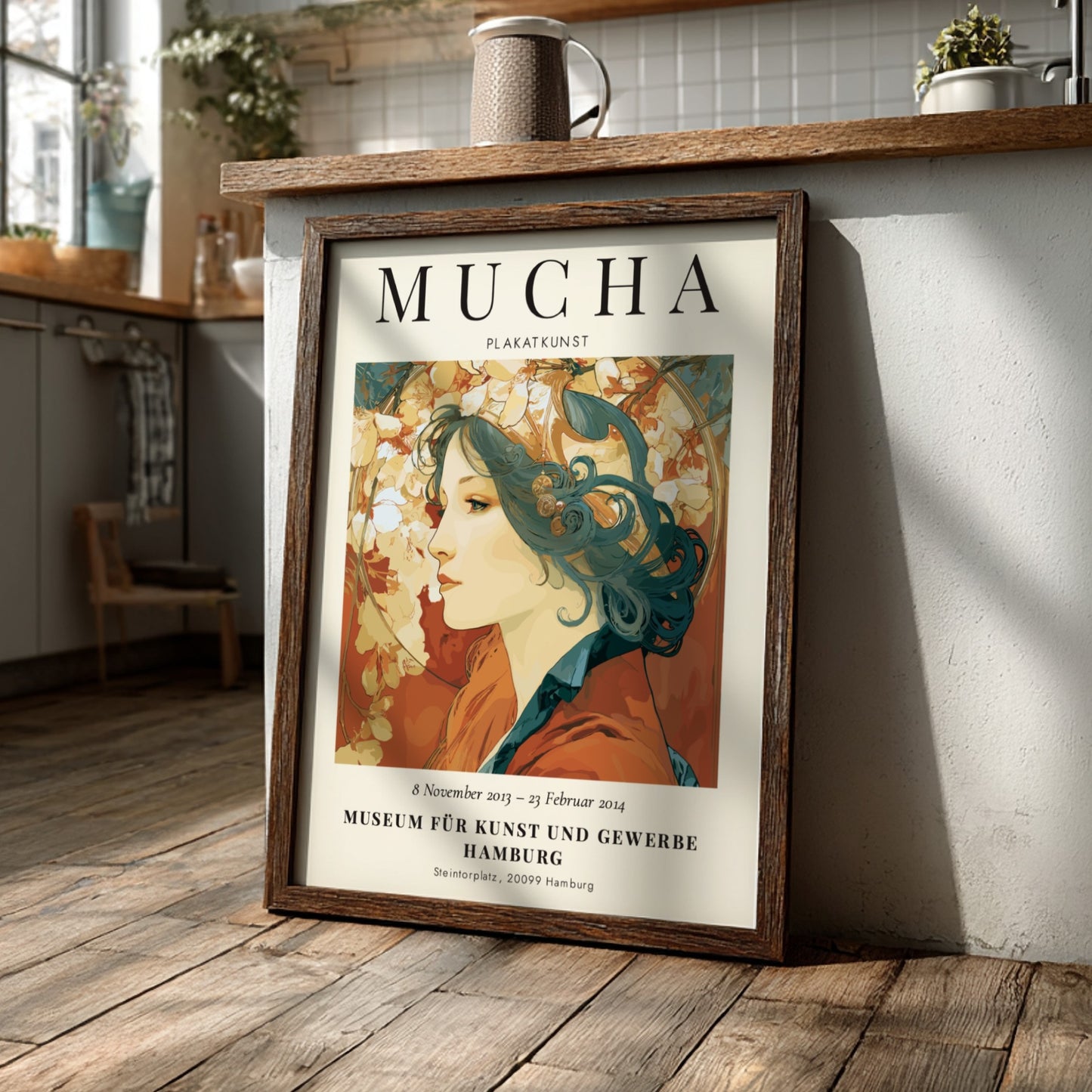 Alphonse Mucha poster featuring a woman with floral motifs in soft colors