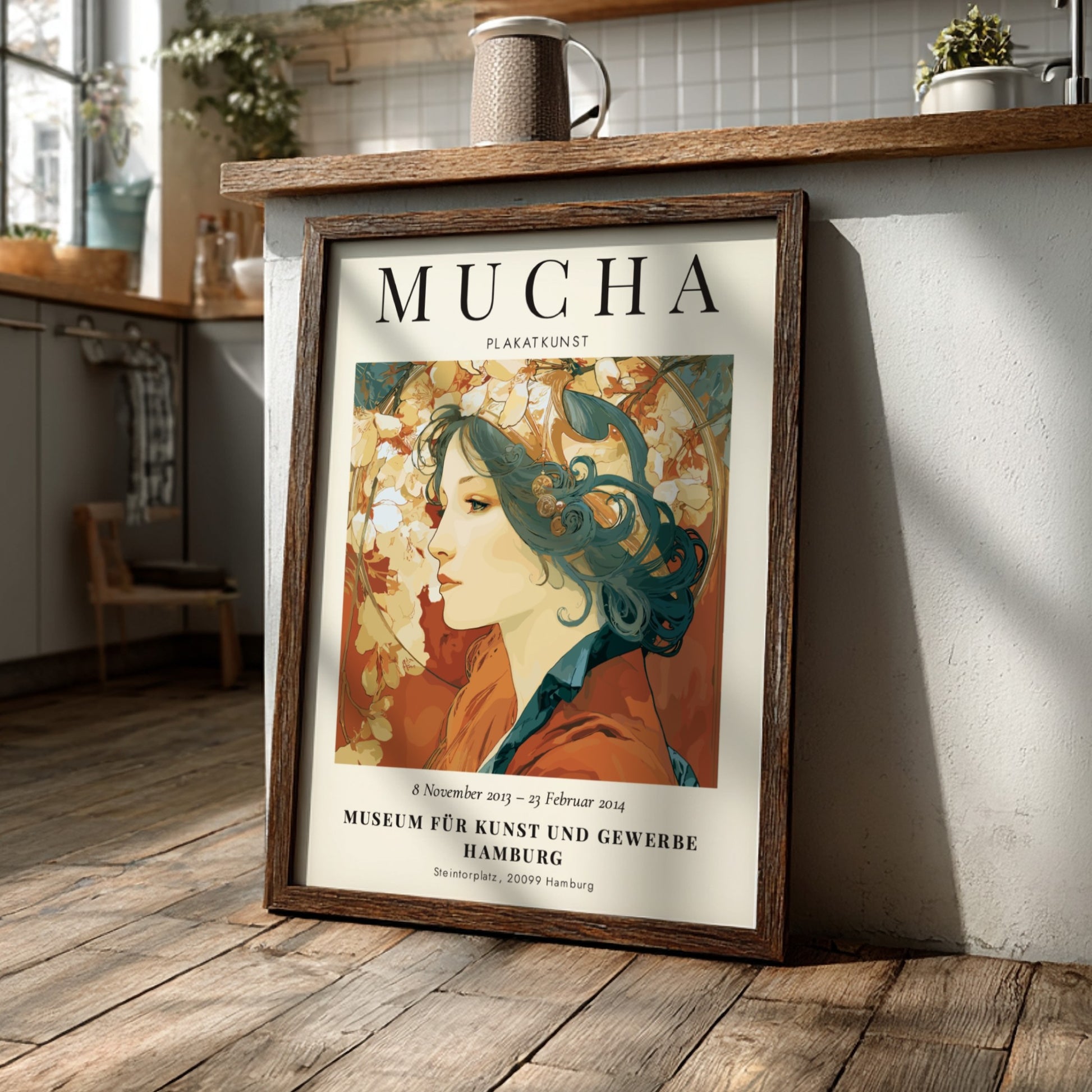 Alphonse Mucha poster featuring a woman with floral motifs in soft colors