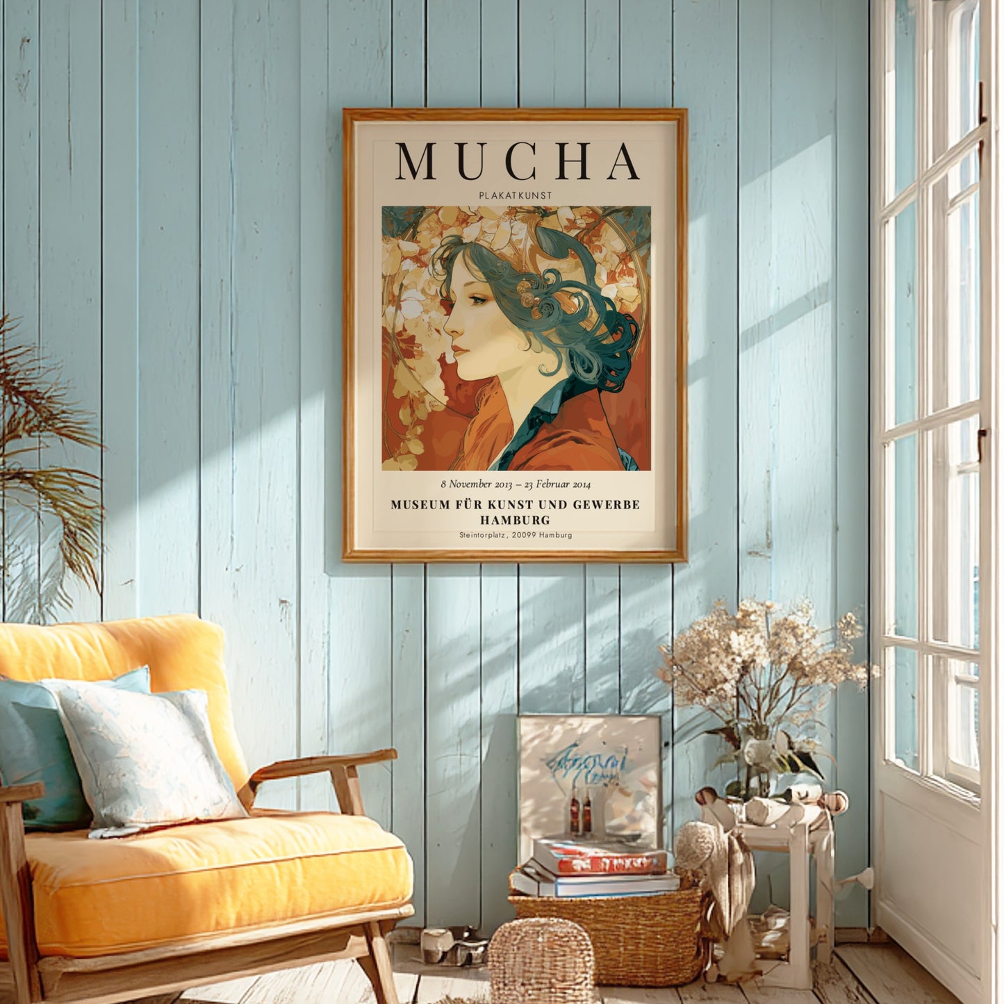 Alphonse Mucha poster featuring a woman with floral motifs in soft colors