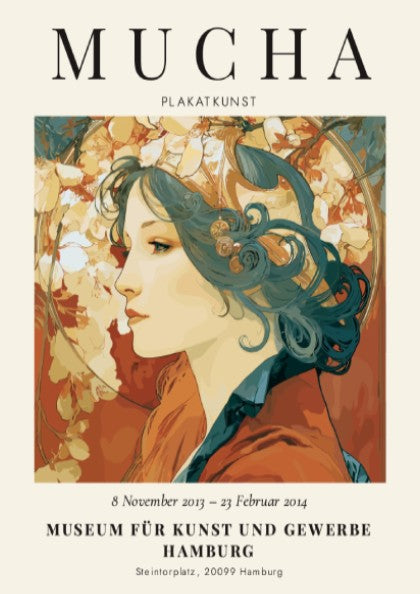 Alphonse Mucha poster featuring a woman with floral motifs in soft colors