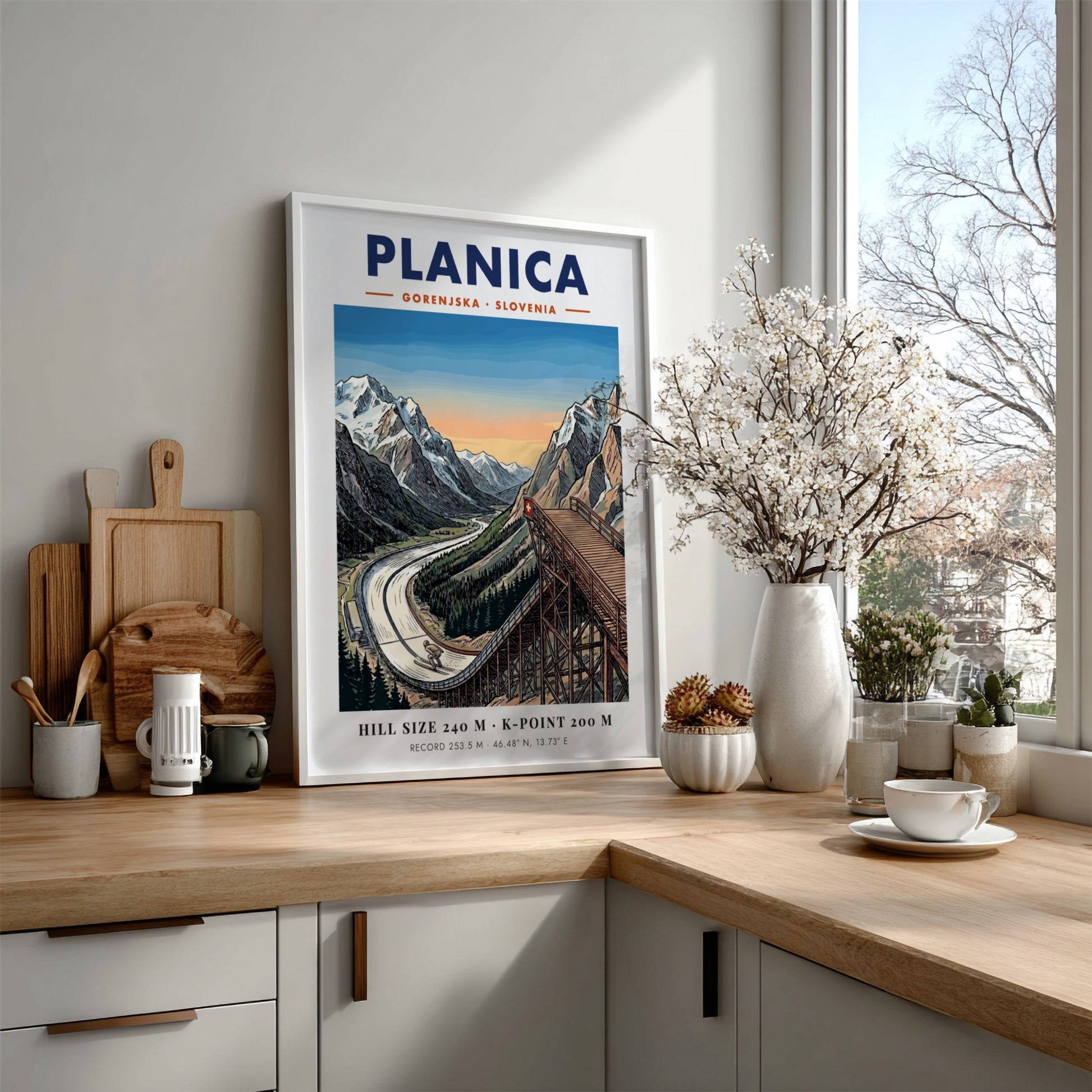 Poster of Planica Gorenjska Slovenia showing a large ski jumping ramp near mountains.