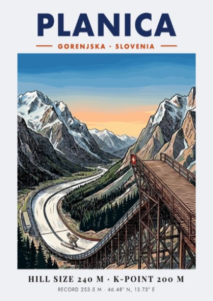 Poster of Planica Gorenjska Slovenia showing a large ski jumping ramp near mountains.