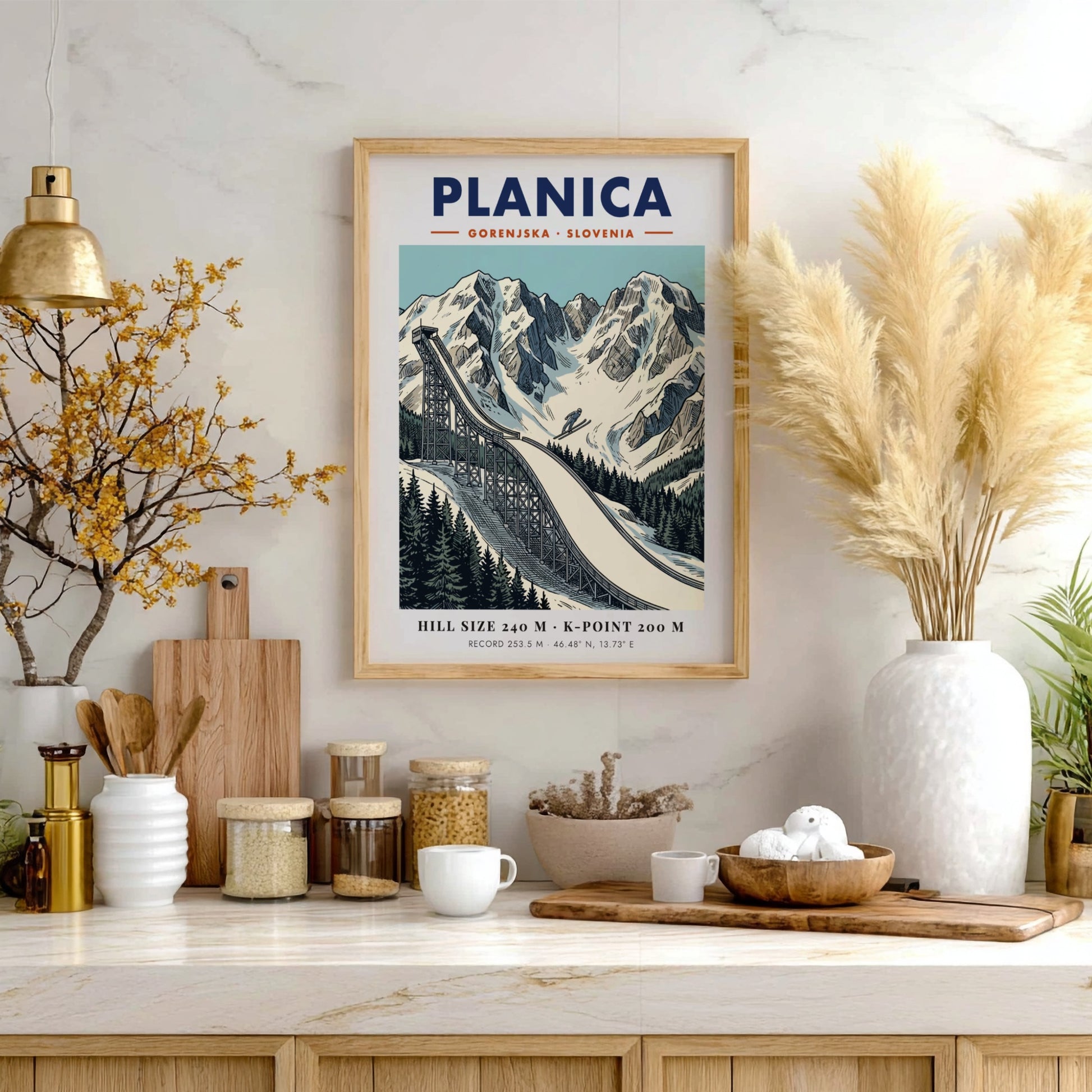 Poster of Planica Slovenia ski jumping ramp set against dramatic snow covered mountain peaks.