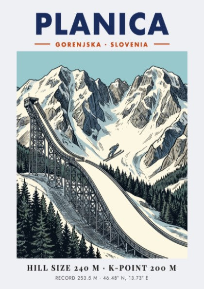 Poster of Planica Slovenia ski jumping ramp set against dramatic snow covered mountain peaks.