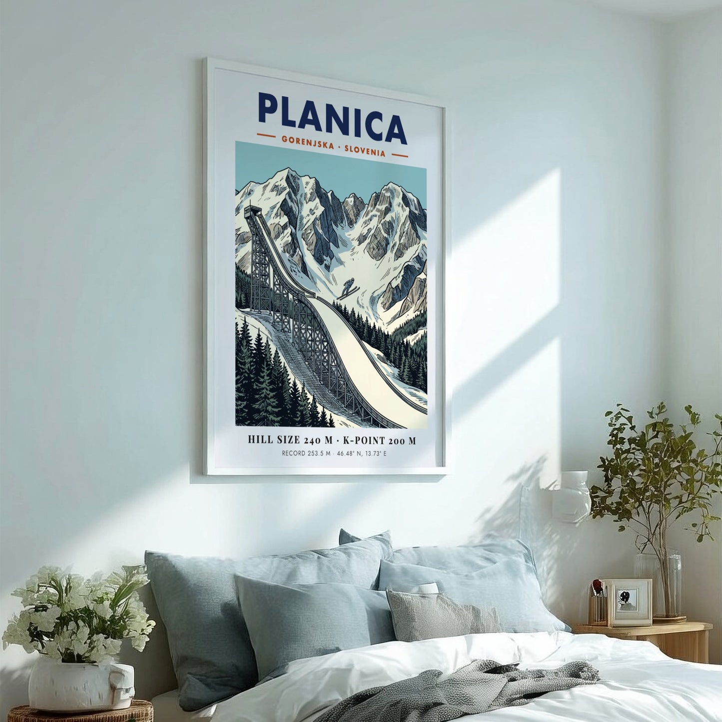Poster of Planica Slovenia ski jumping ramp set against dramatic snow covered mountain peaks.