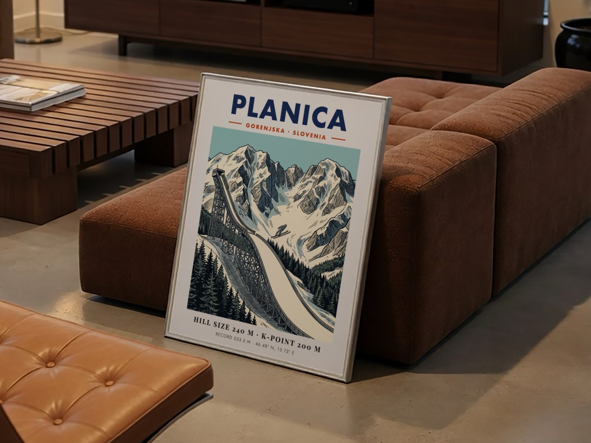 Poster of Planica Slovenia ski jumping ramp set against dramatic snow covered mountain peaks.