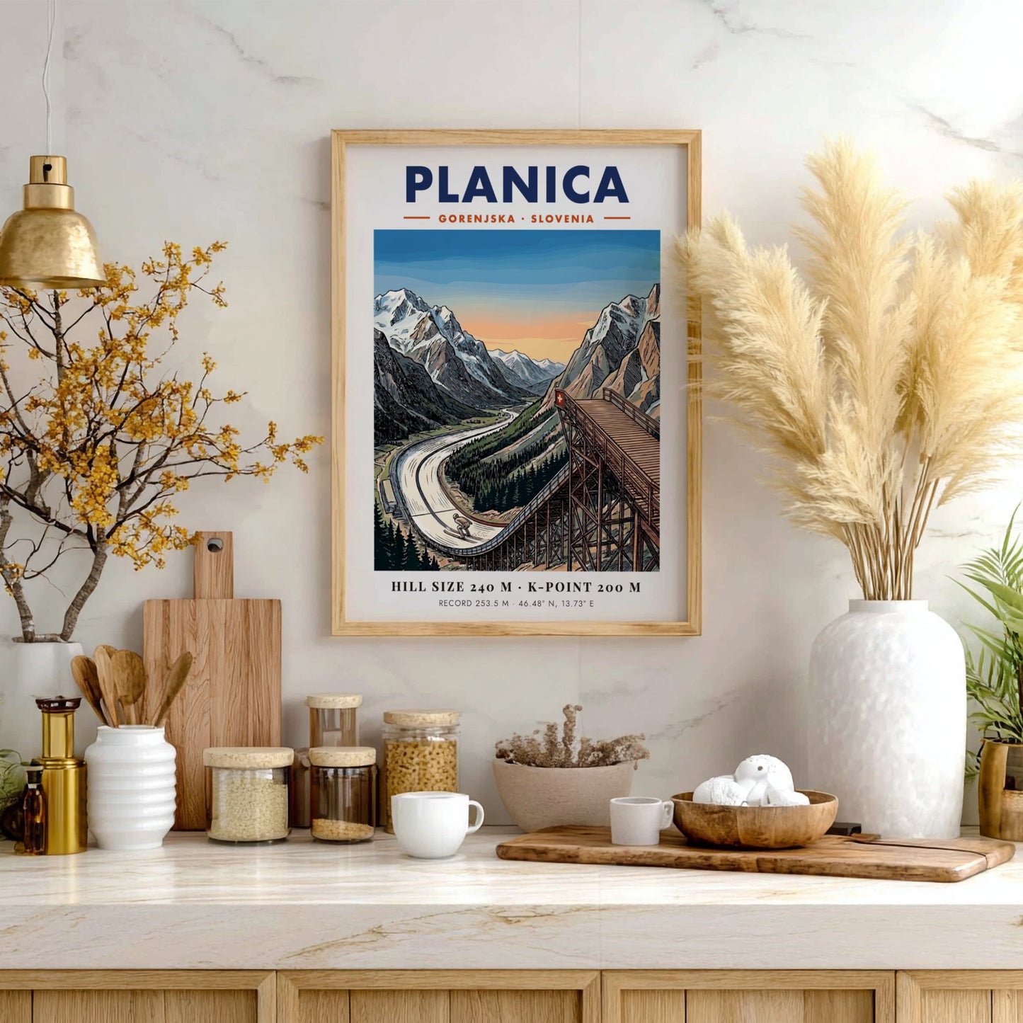 Poster of Planica Gorenjska Slovenia showing a large ski jumping ramp near mountains.