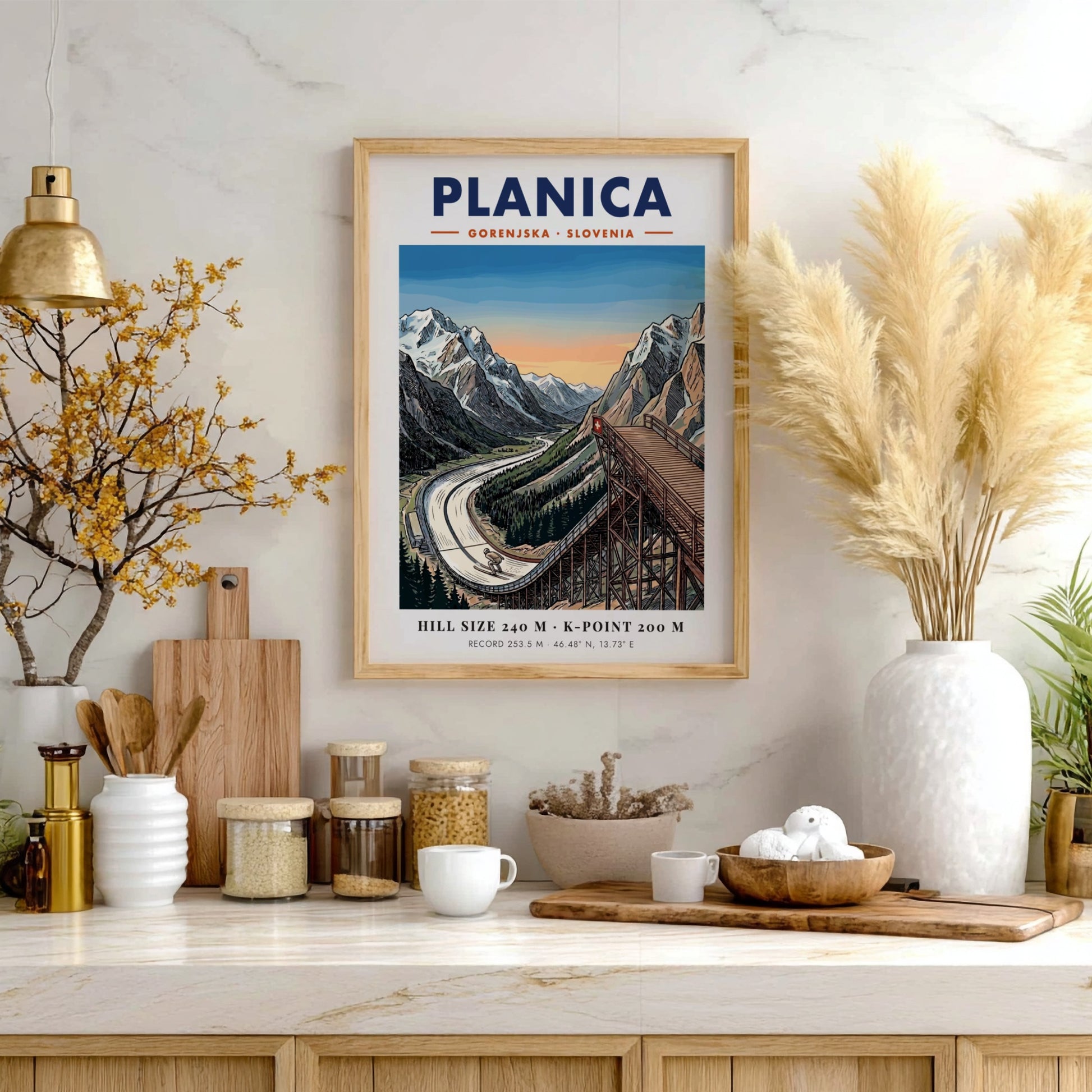 Poster of Planica Gorenjska Slovenia showing a large ski jumping ramp near mountains.