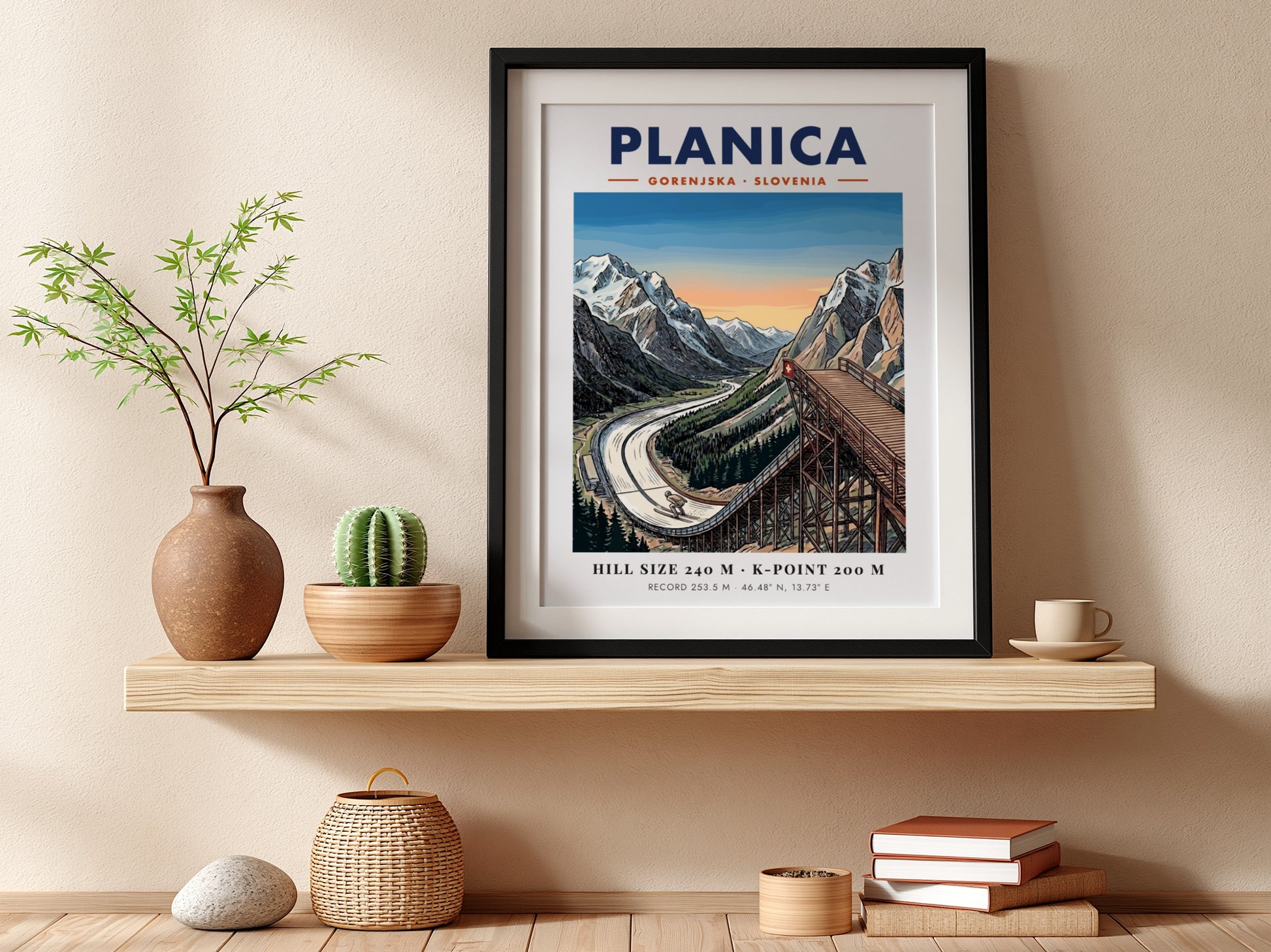 Poster of Planica Gorenjska Slovenia showing a large ski jumping ramp near mountains.