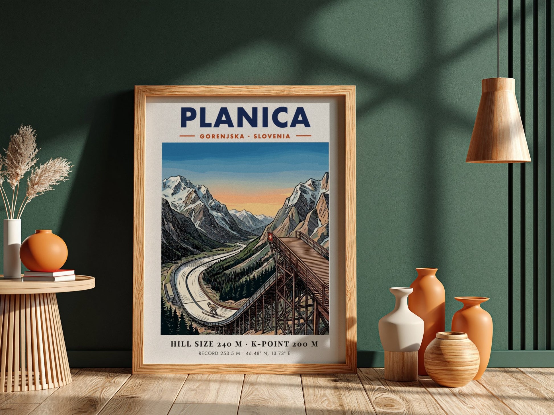 Poster of Planica Gorenjska Slovenia showing a large ski jumping ramp near mountains.