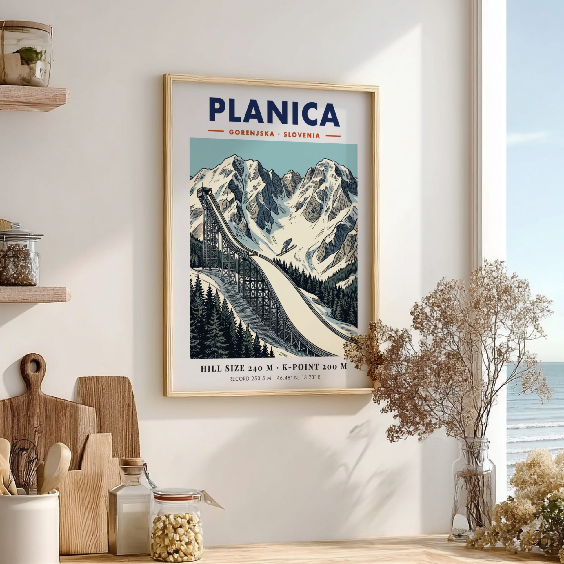 Poster of Planica Slovenia ski jumping ramp set against dramatic snow covered mountain peaks.