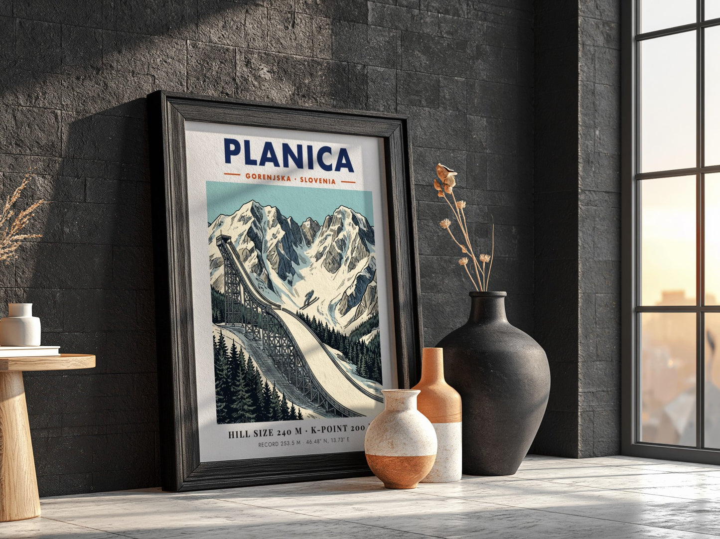 Poster of Planica Slovenia ski jumping ramp set against dramatic snow covered mountain peaks.