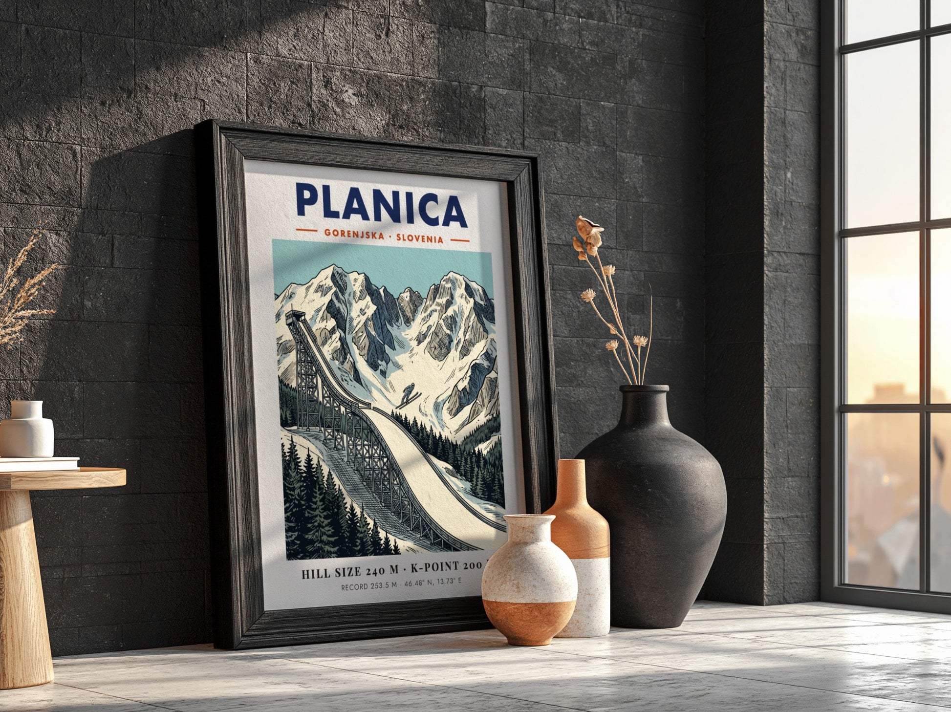Poster of Planica Slovenia ski jumping ramp set against dramatic snow covered mountain peaks.