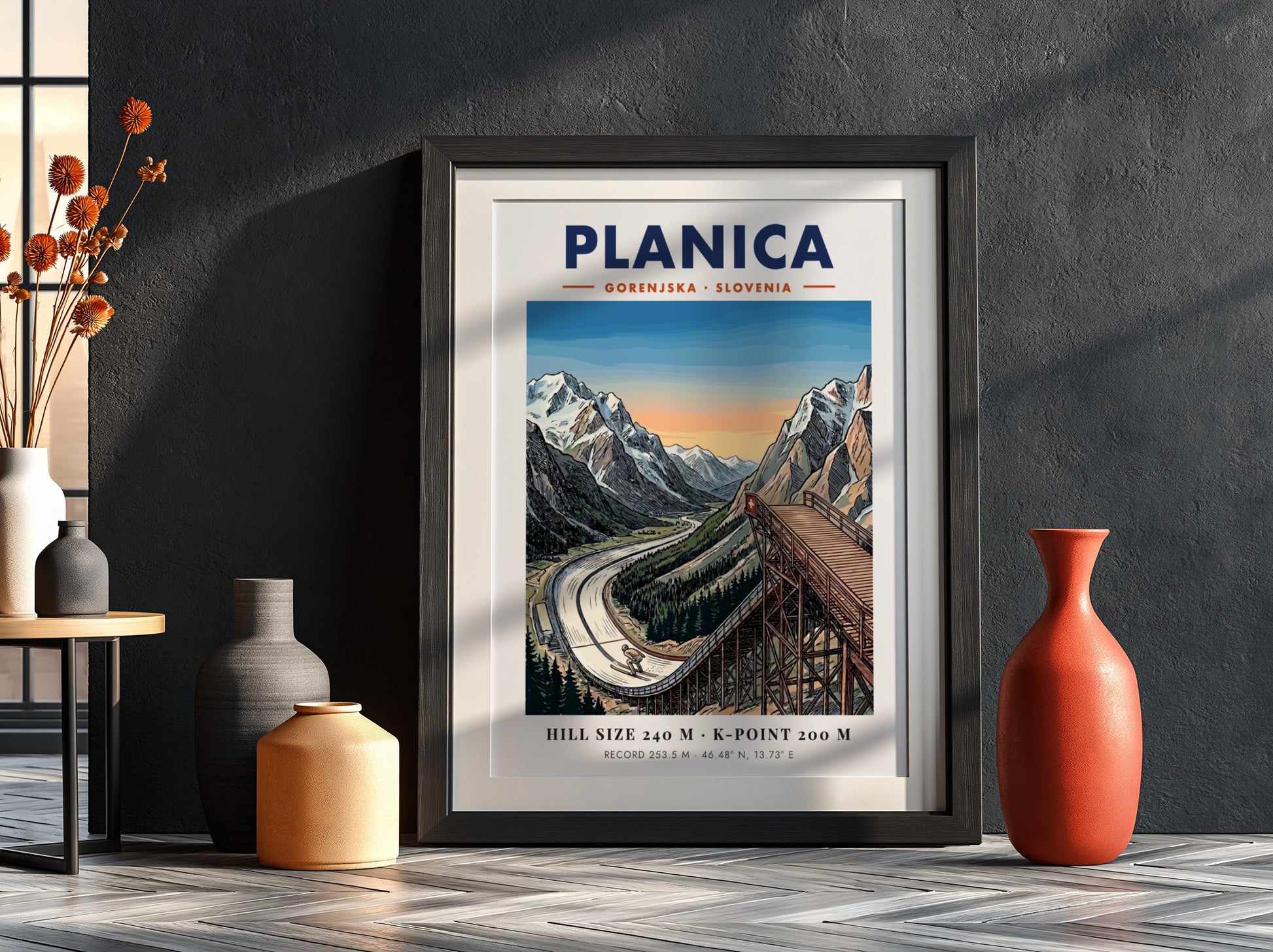 Poster of Planica Gorenjska Slovenia showing a large ski jumping ramp near mountains.
