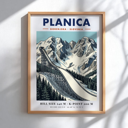 Poster of Planica Slovenia ski jumping ramp set against dramatic snow covered mountain peaks.
