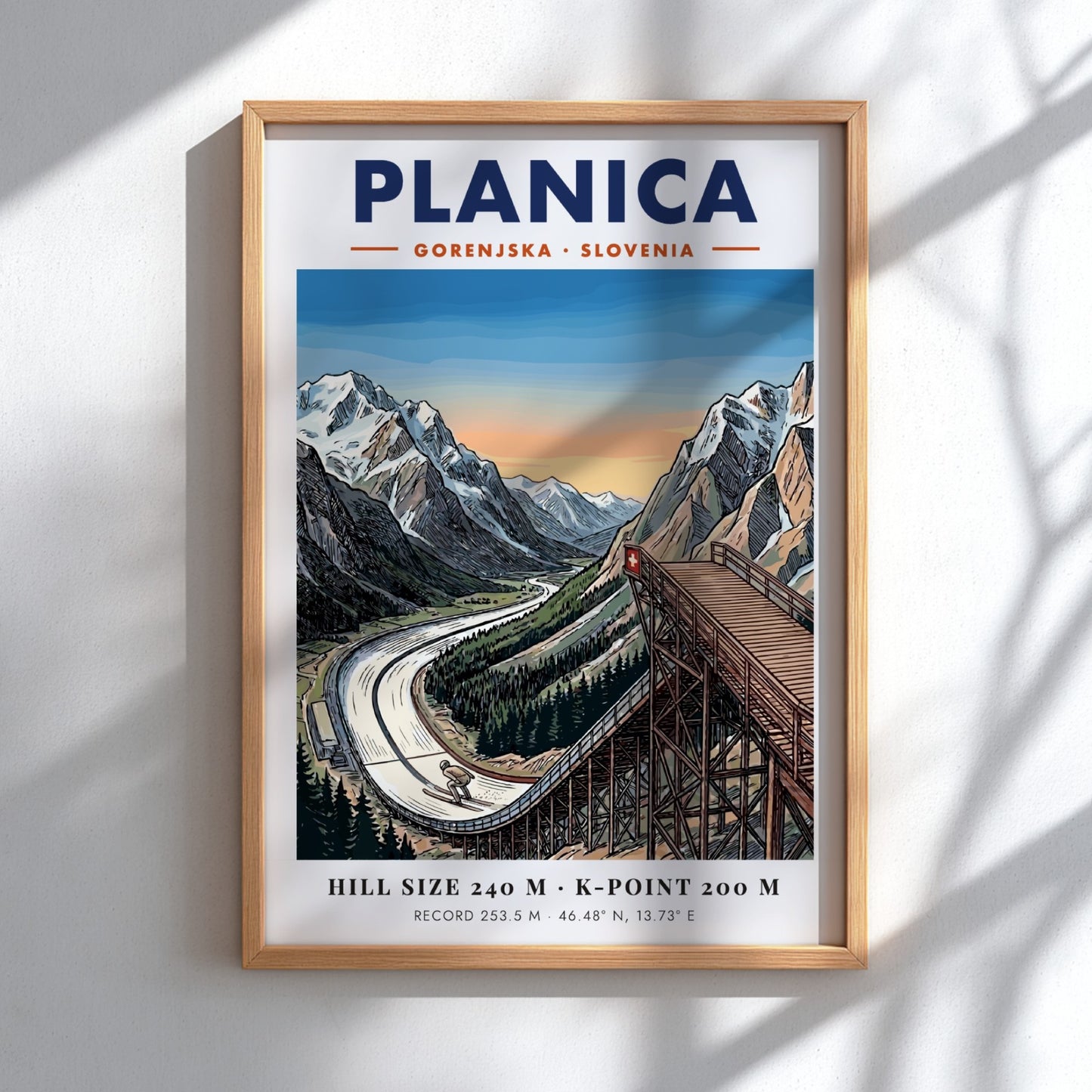 Poster of Planica Gorenjska Slovenia showing a large ski jumping ramp near mountains.