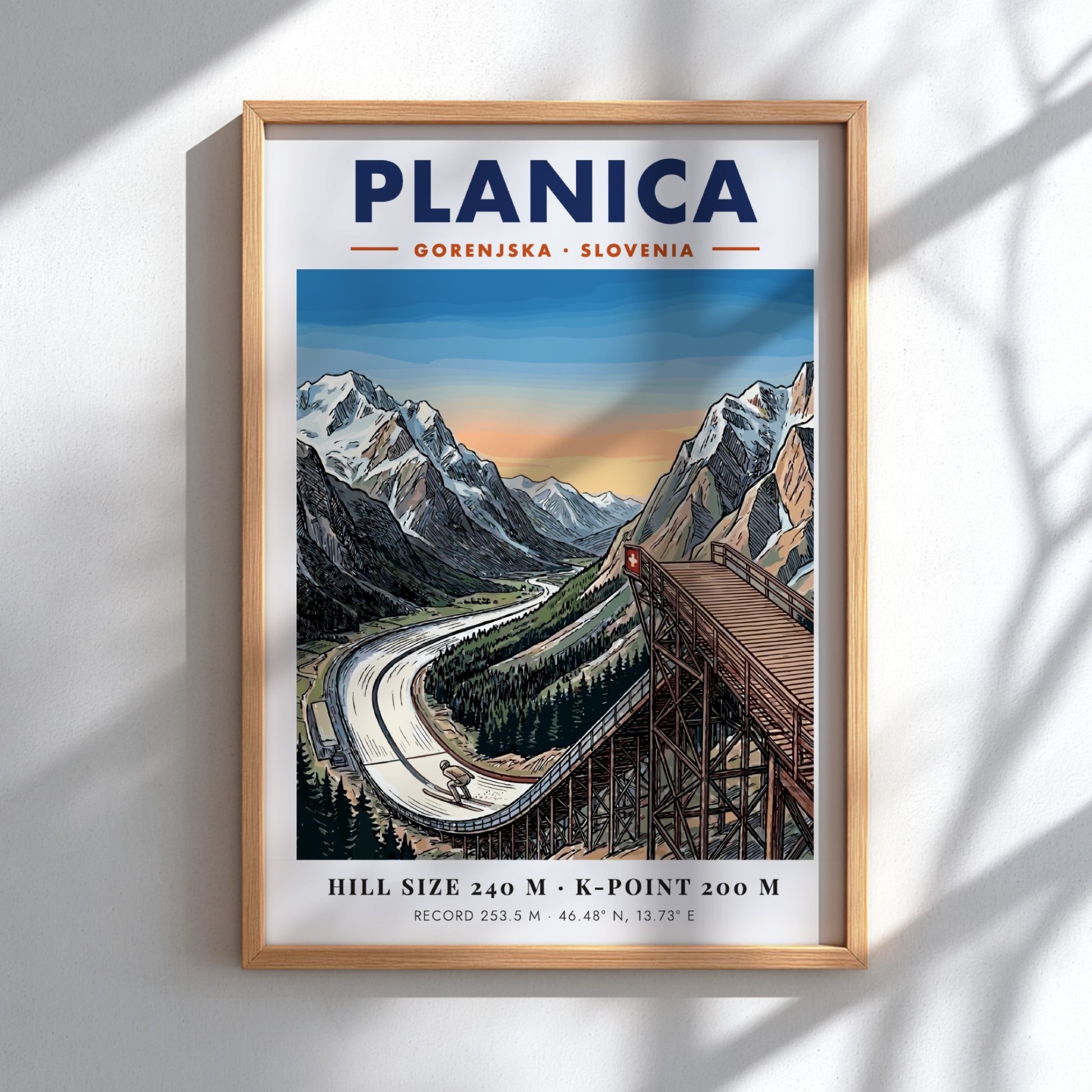 Poster of Planica Gorenjska Slovenia showing a large ski jumping ramp near mountains.