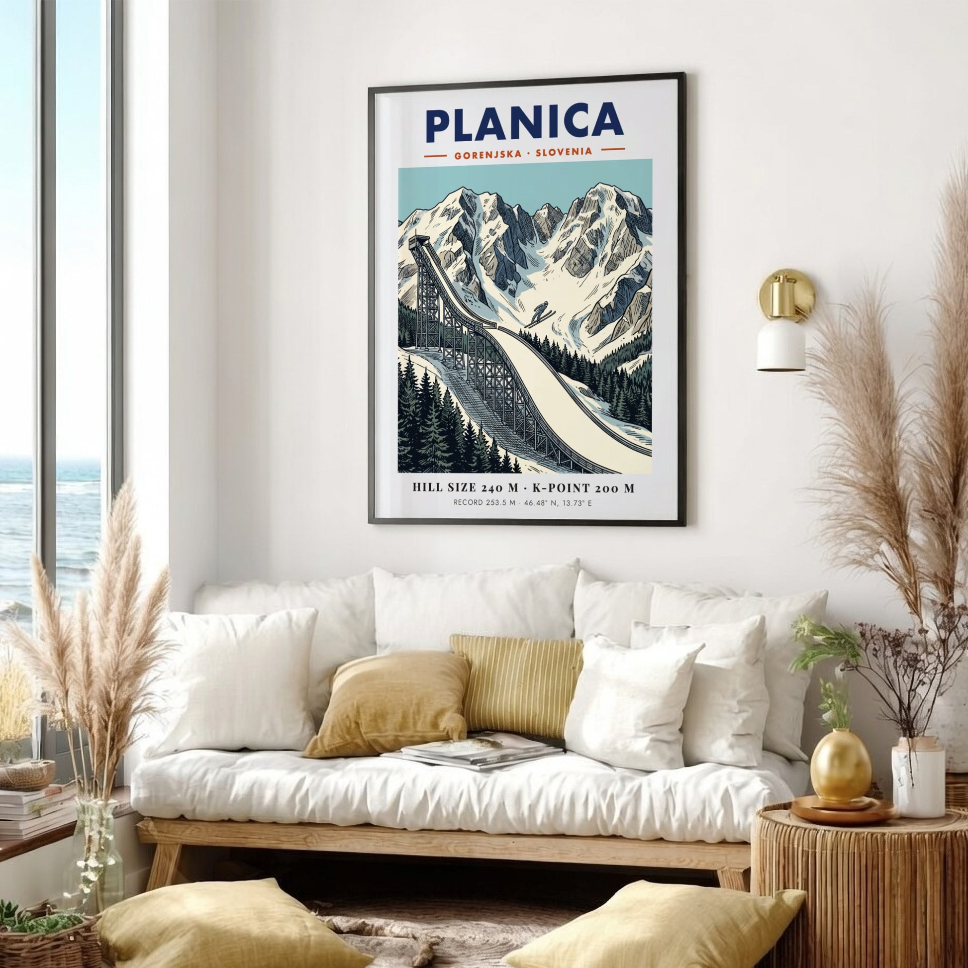 Poster of Planica Slovenia ski jumping ramp set against dramatic snow covered mountain peaks.