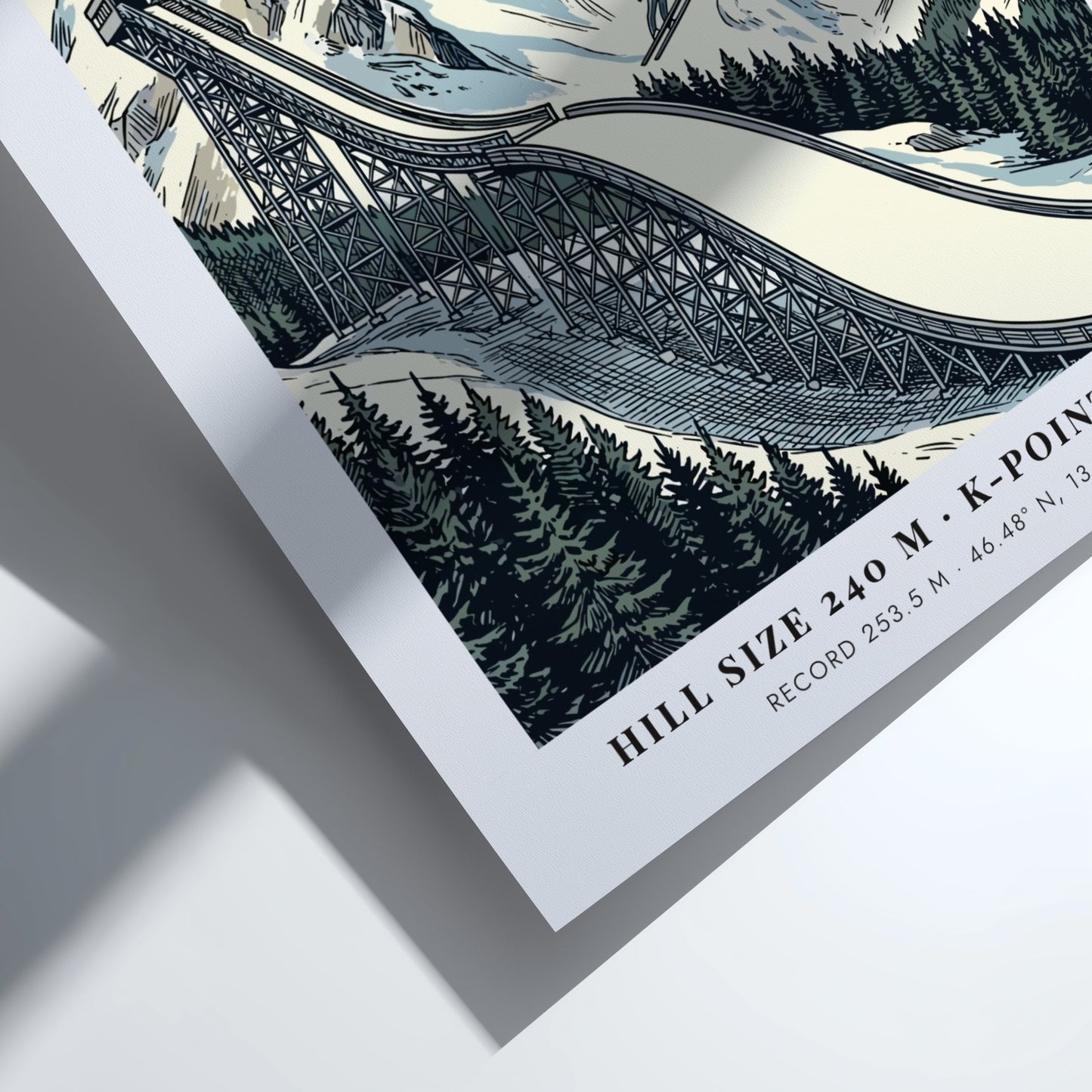Poster of Planica Slovenia ski jumping ramp set against dramatic snow covered mountain peaks.