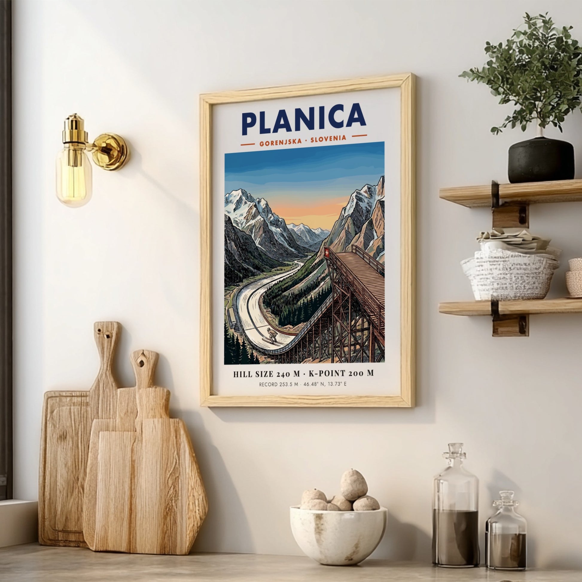 Poster of Planica Gorenjska Slovenia showing a large ski jumping ramp near mountains.