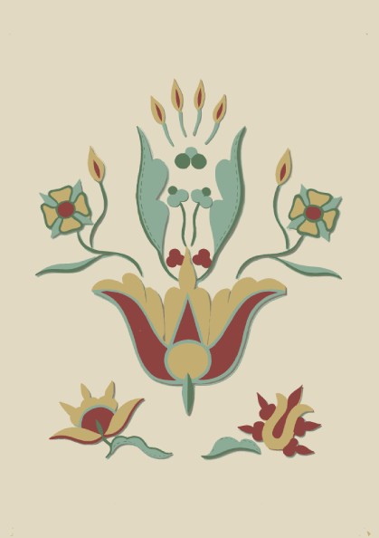 Folk Art of Rural Pennsylvania poster featuring a stylized floral motif in red, yellow, and teal on a cream