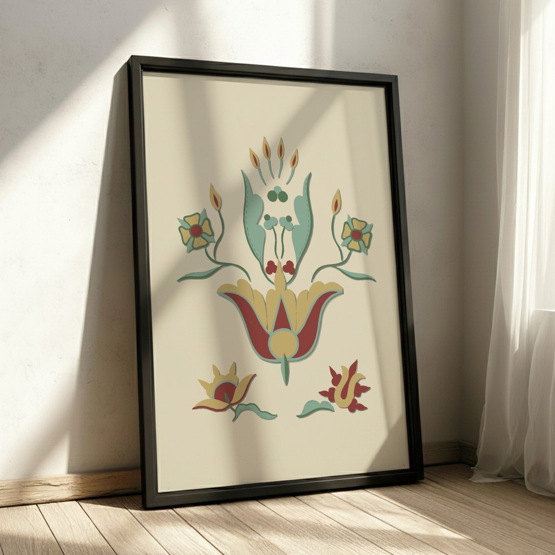 Folk Art of Rural Pennsylvania poster featuring a stylized floral motif in red, yellow, and teal on a cream
