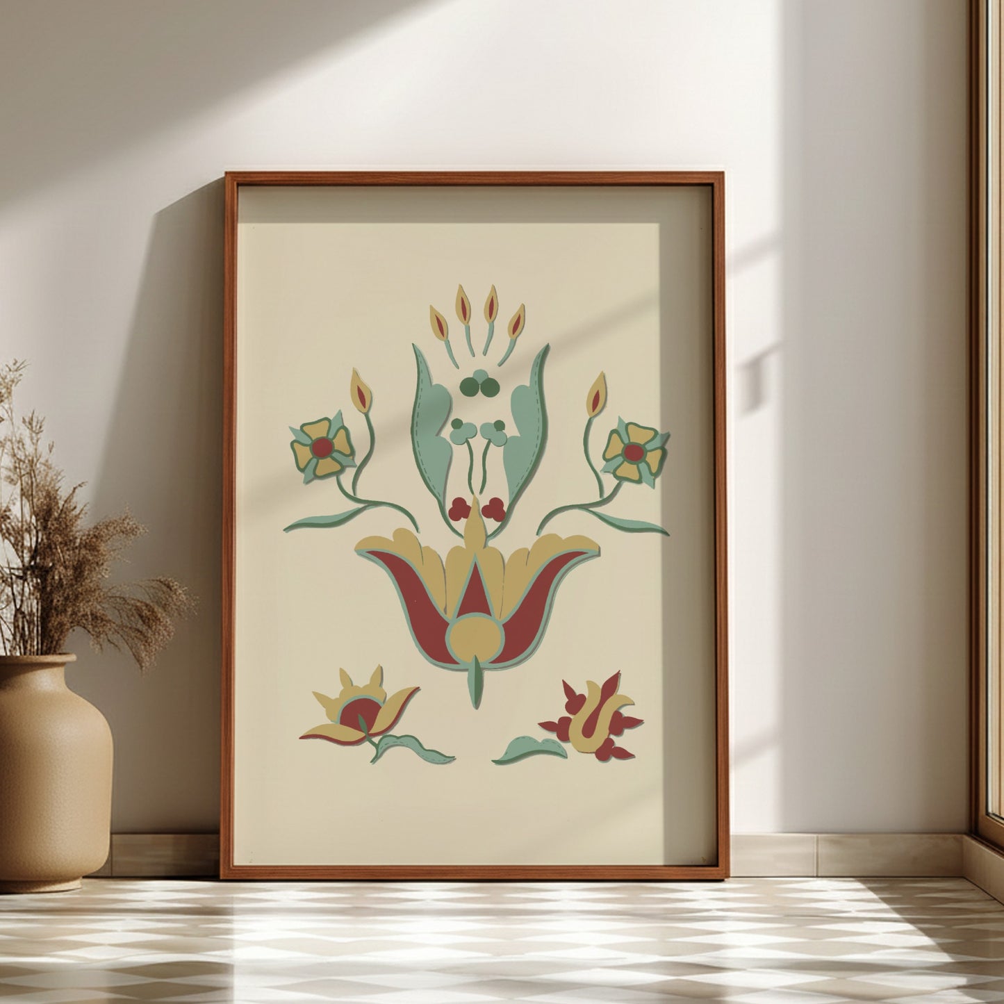 Folk Art of Rural Pennsylvania poster featuring a stylized floral motif in red, yellow, and teal on a cream