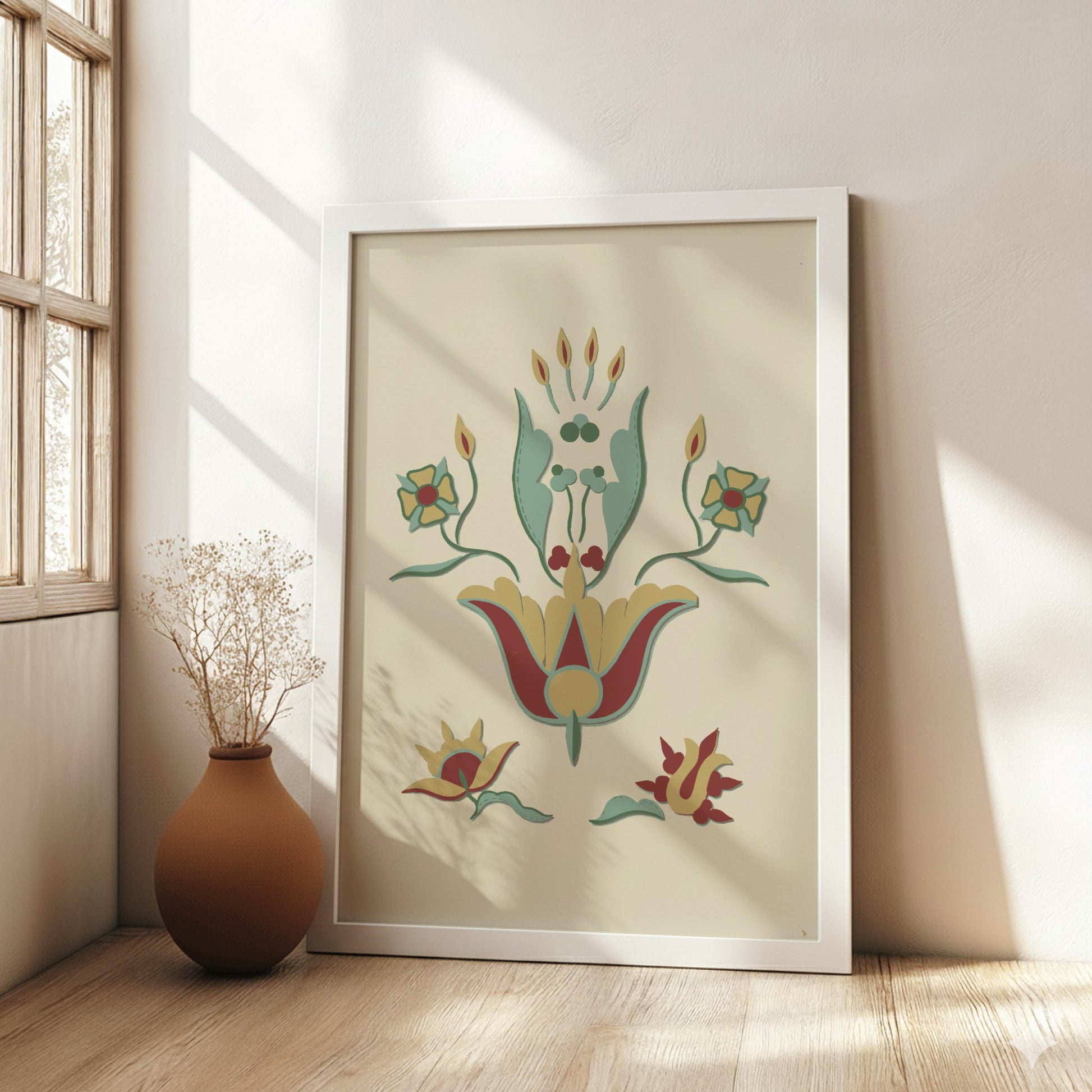 Folk Art of Rural Pennsylvania poster featuring a stylized floral motif in red, yellow, and teal on a cream