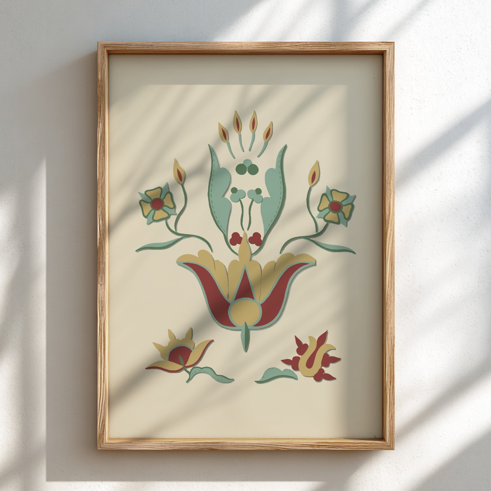 Folk Art of Rural Pennsylvania poster featuring a stylized floral motif in red, yellow, and teal on a cream