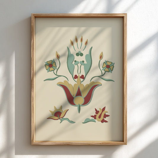 Folk Art of Rural Pennsylvania poster featuring a stylized floral motif in red, yellow, and teal on a cream