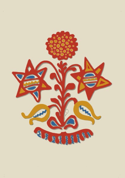 Folk Art of Rural Pennsylvania poster featuring a red, yellow, and blue stylized floral design on a cream