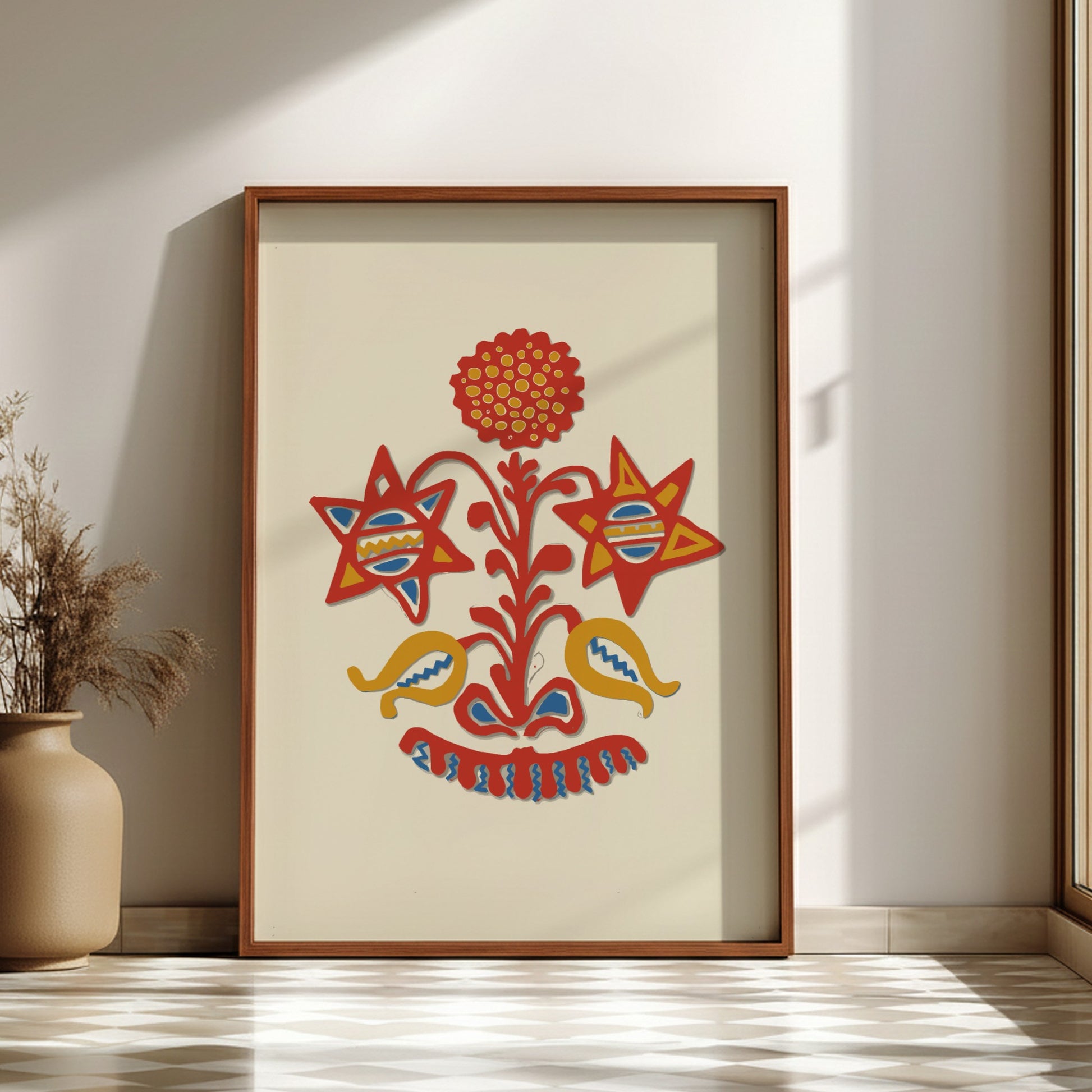 Folk Art of Rural Pennsylvania poster featuring a red, yellow, and blue stylized floral design on a cream