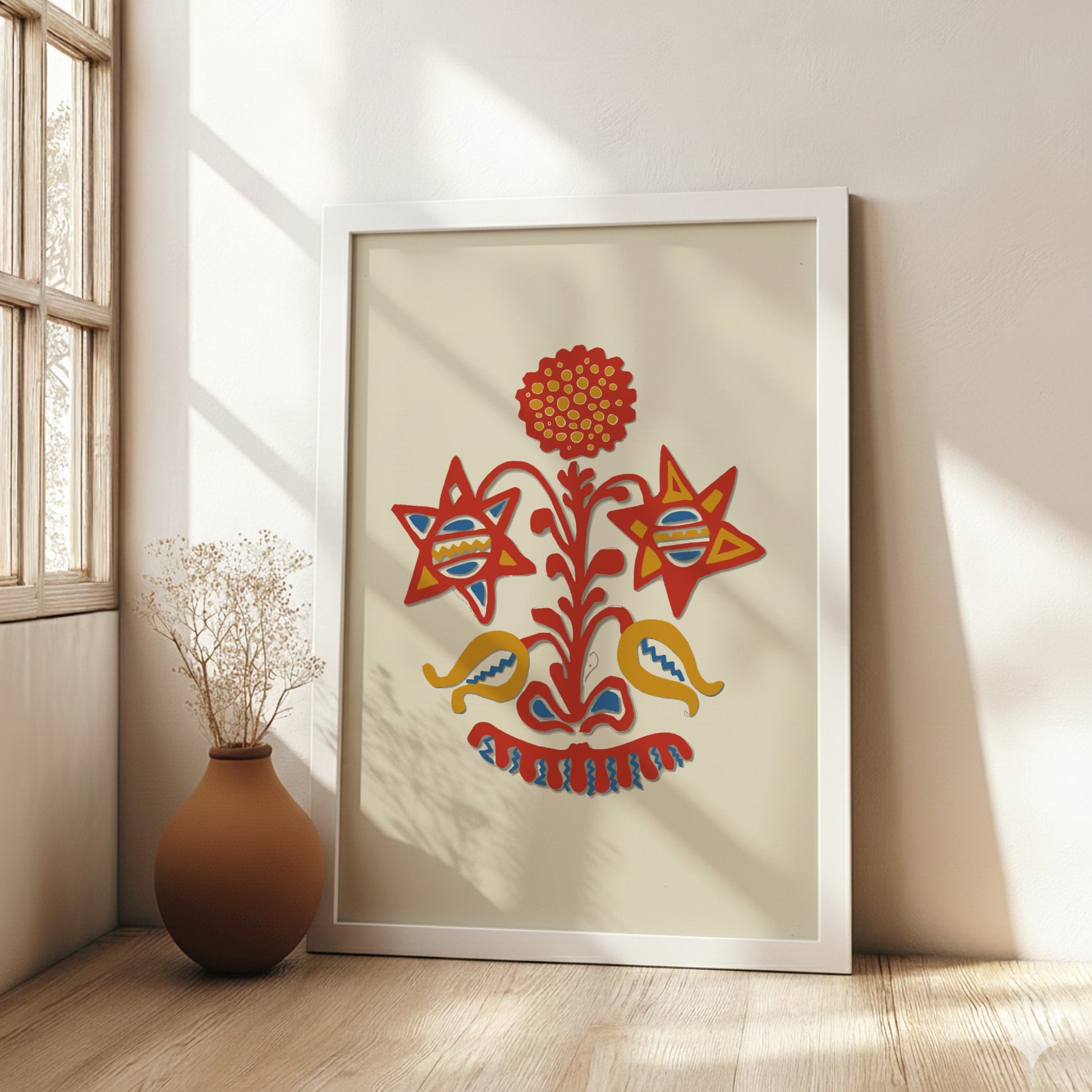Folk Art of Rural Pennsylvania poster featuring a red, yellow, and blue stylized floral design on a cream