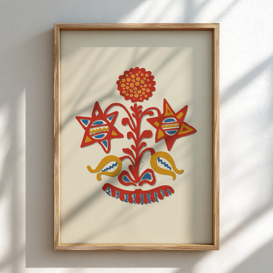 Folk Art of Rural Pennsylvania poster featuring a red, yellow, and blue stylized floral design on a cream