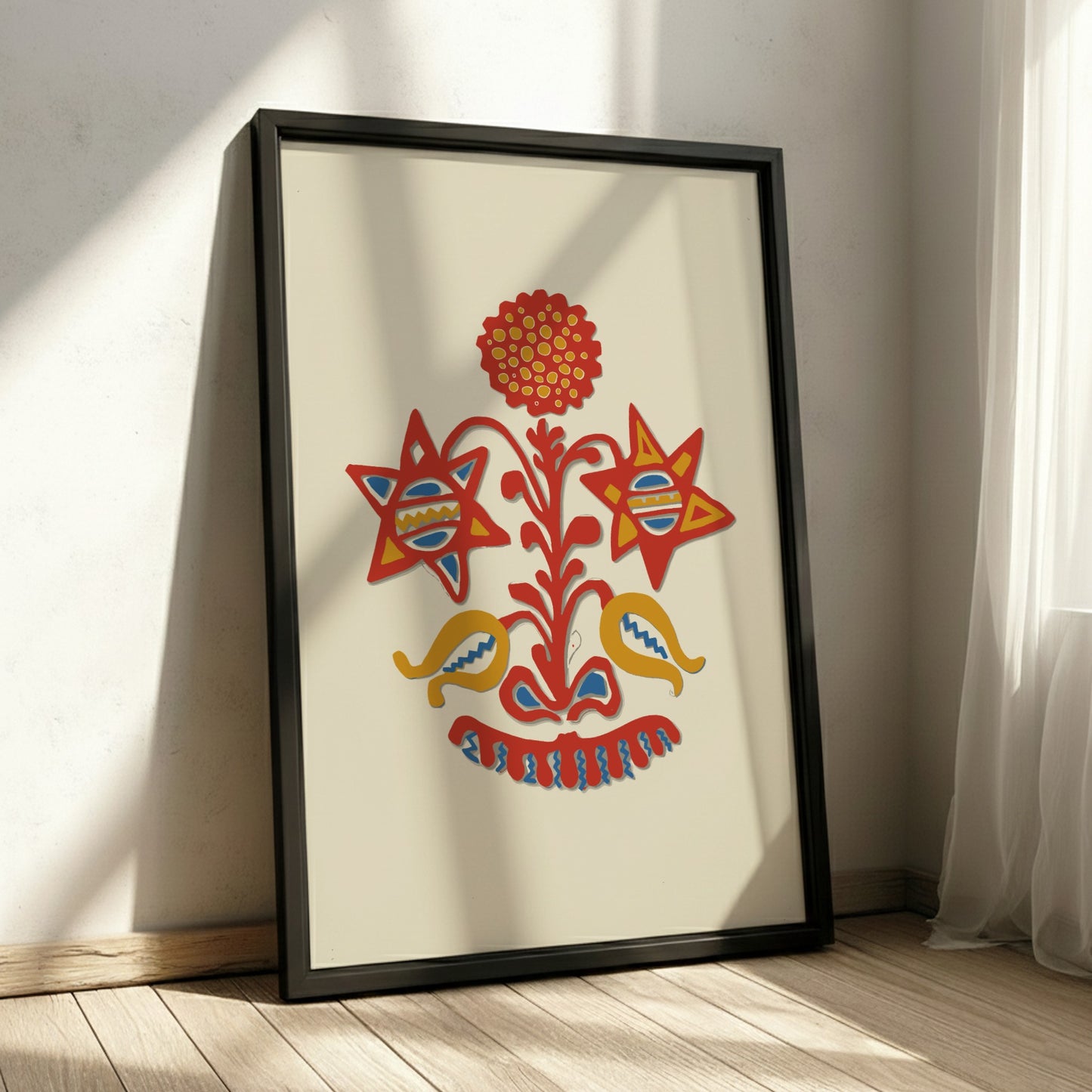 Folk Art of Rural Pennsylvania poster featuring a red, yellow, and blue stylized floral design on a cream