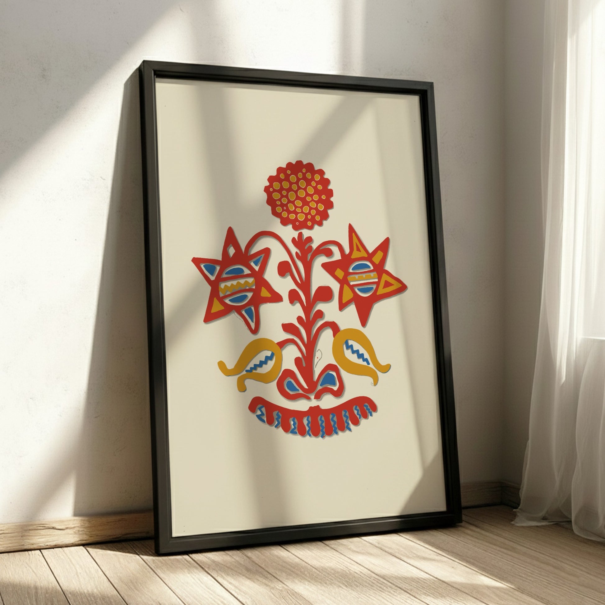 Folk Art of Rural Pennsylvania poster featuring a red, yellow, and blue stylized floral design on a cream