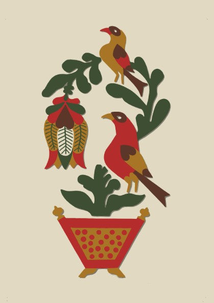 Folk Art of Rural Pennsylvania poster featuring two colorful birds on a branch above a decorative pot, folk