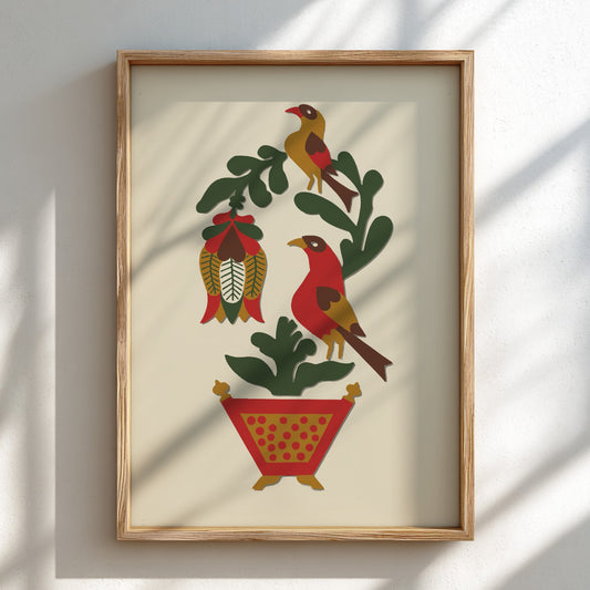 Folk Art of Rural Pennsylvania poster featuring two colorful birds on a branch above a decorative pot, folk