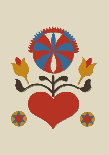 Folk Art of Rural Pennsylvania poster featuring a red heart, yellow tulips, and a sunburst motif in red and