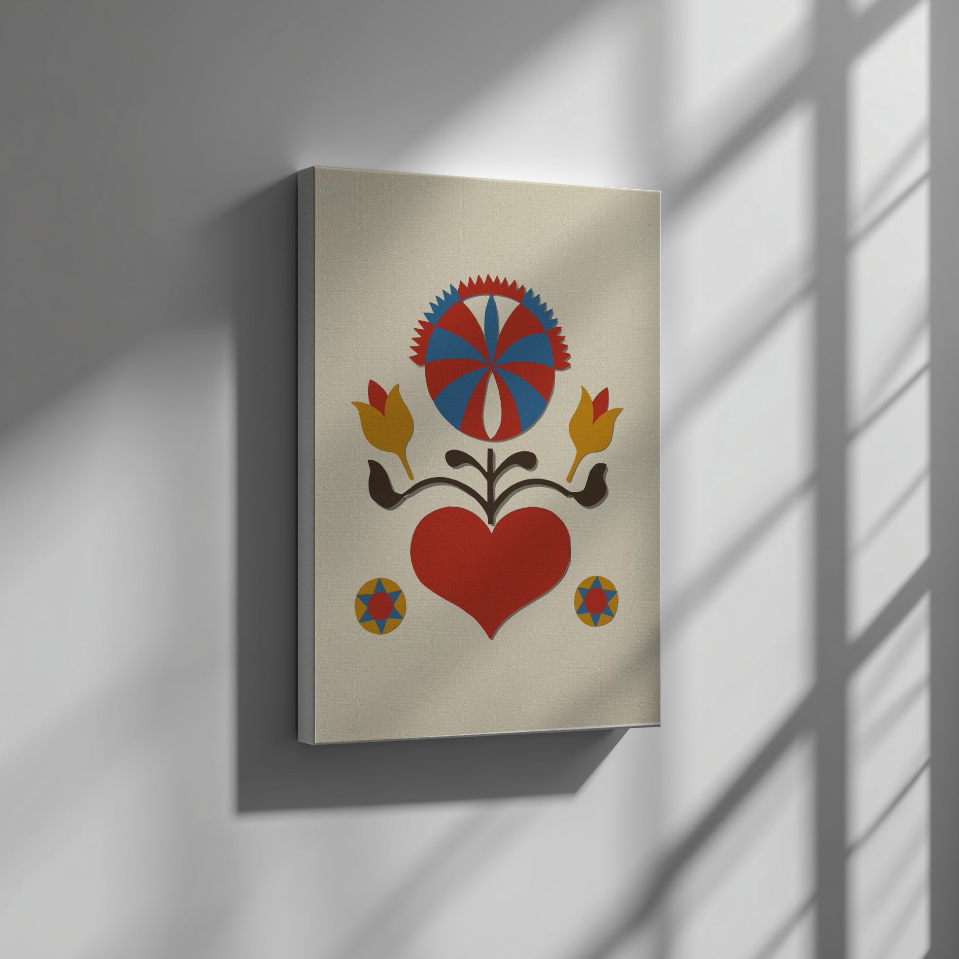 Folk Art of Rural Pennsylvania poster featuring a red heart, yellow tulips, and a sunburst motif in red and