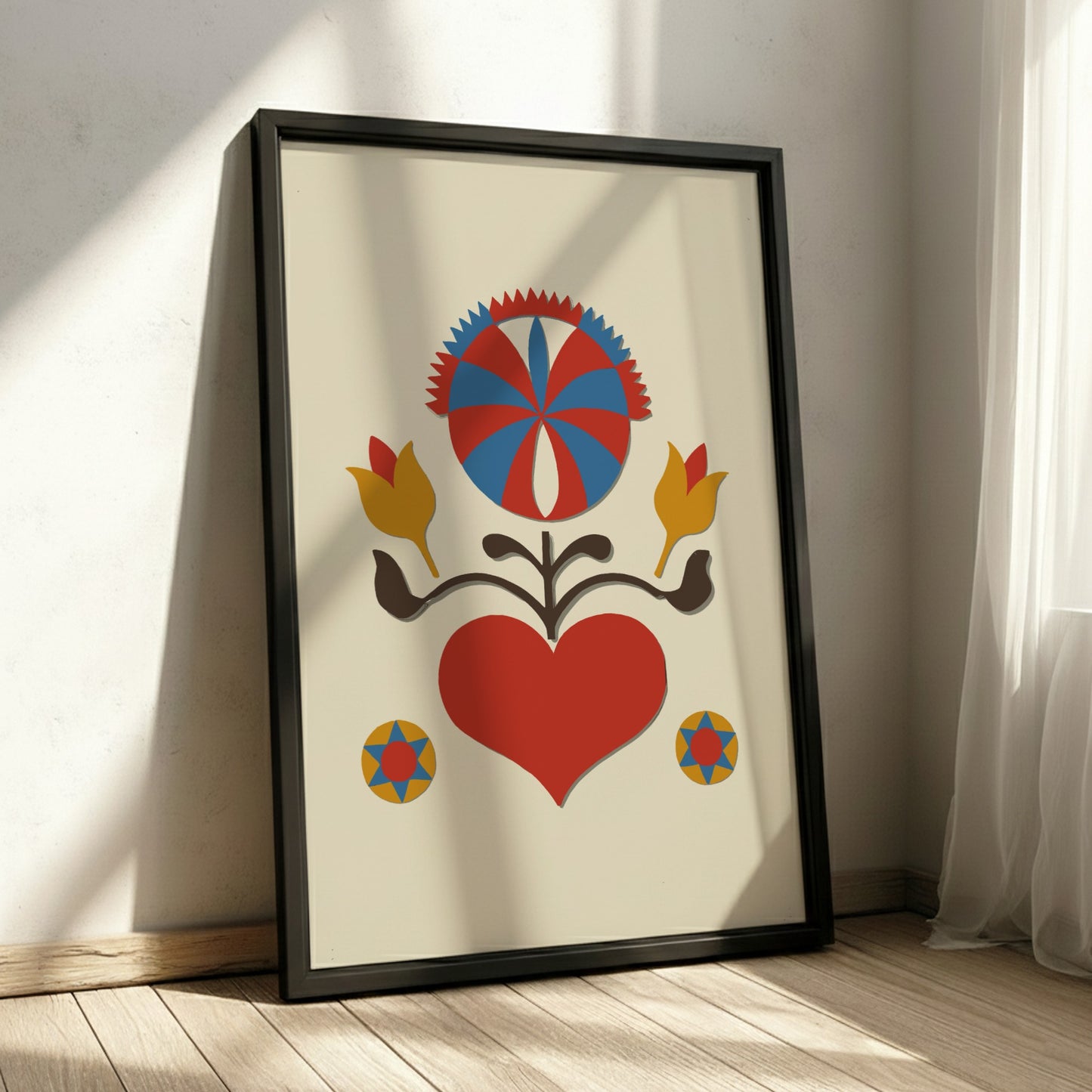 Folk Art of Rural Pennsylvania poster featuring a red heart, yellow tulips, and a sunburst motif in red and