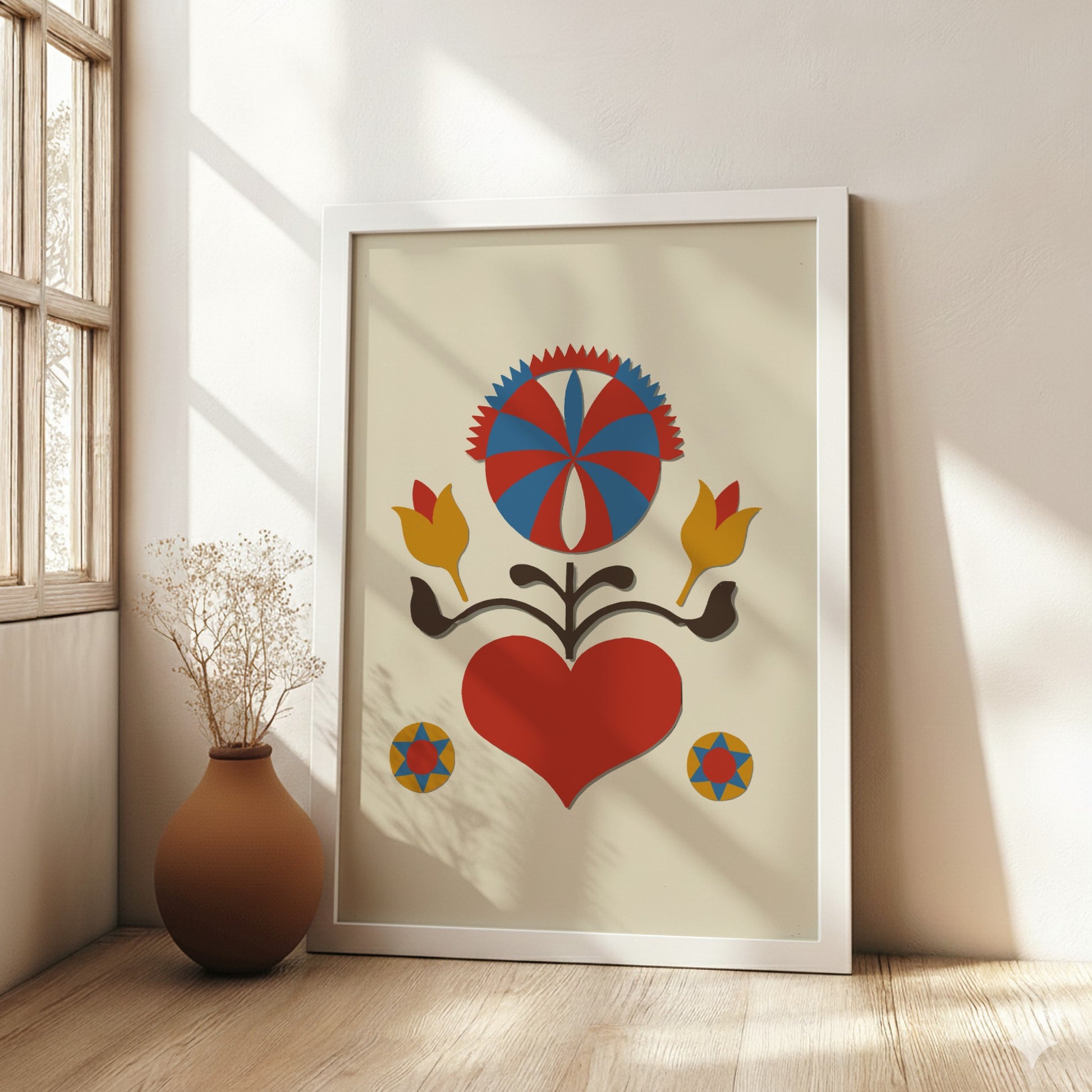 Folk Art of Rural Pennsylvania poster featuring a red heart, yellow tulips, and a sunburst motif in red and
