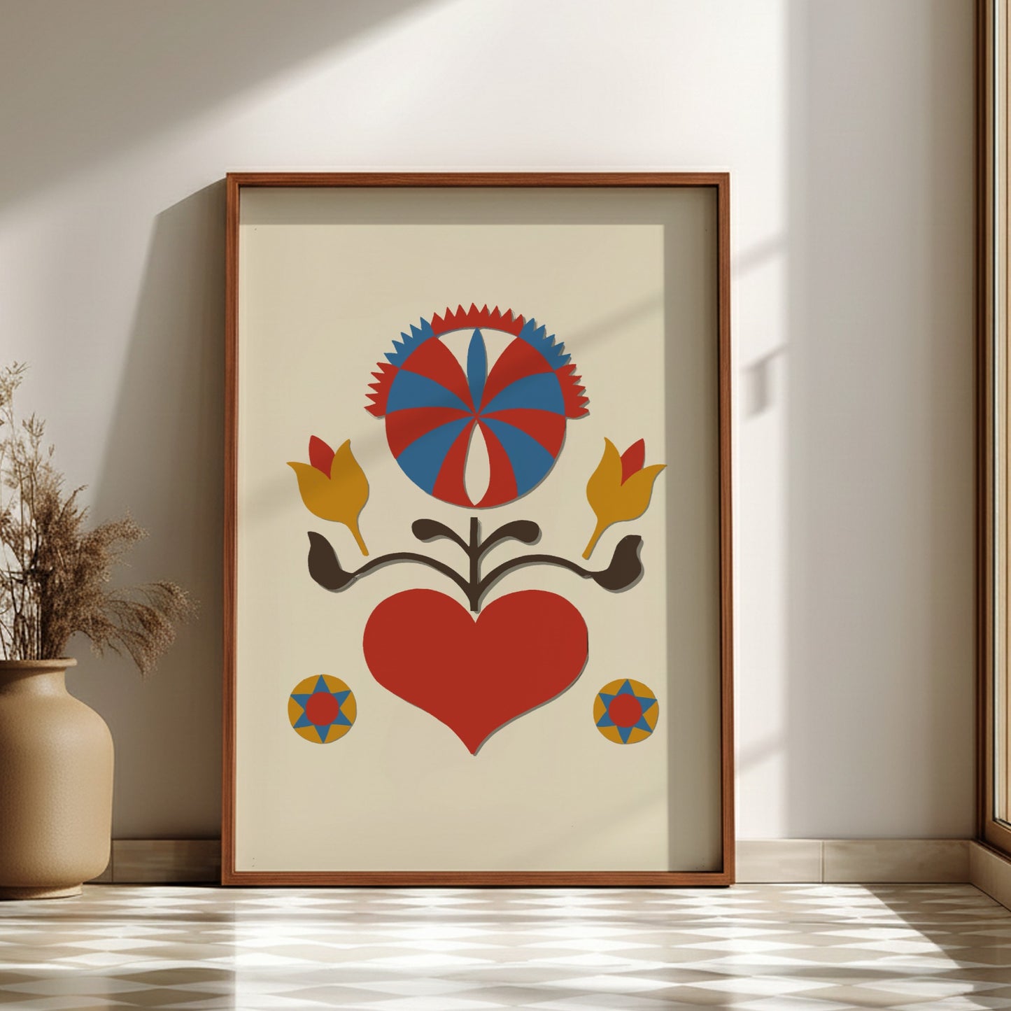 Folk Art of Rural Pennsylvania poster featuring a red heart, yellow tulips, and a sunburst motif in red and