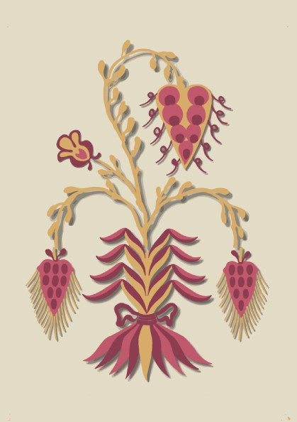 Folk Art of Rural Pennsylvania poster featuring a stylized floral motif in yellow and berry red.
