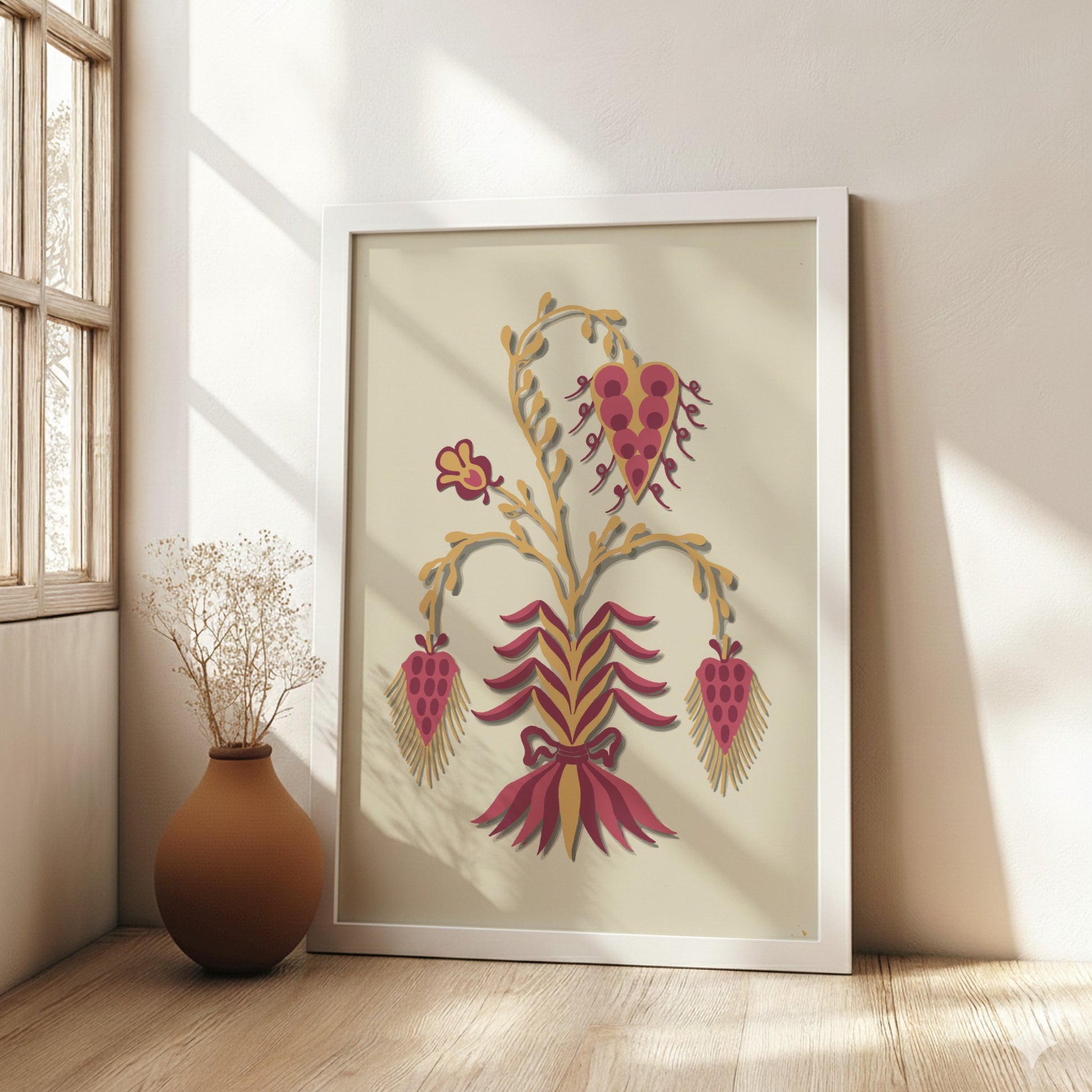 Folk Art of Rural Pennsylvania poster featuring a stylized floral motif in yellow and berry red.