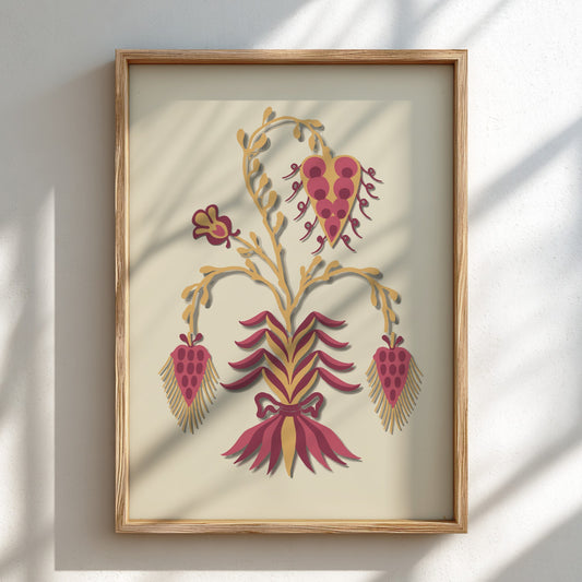 Folk Art of Rural Pennsylvania poster featuring a stylized floral motif in yellow and berry red.