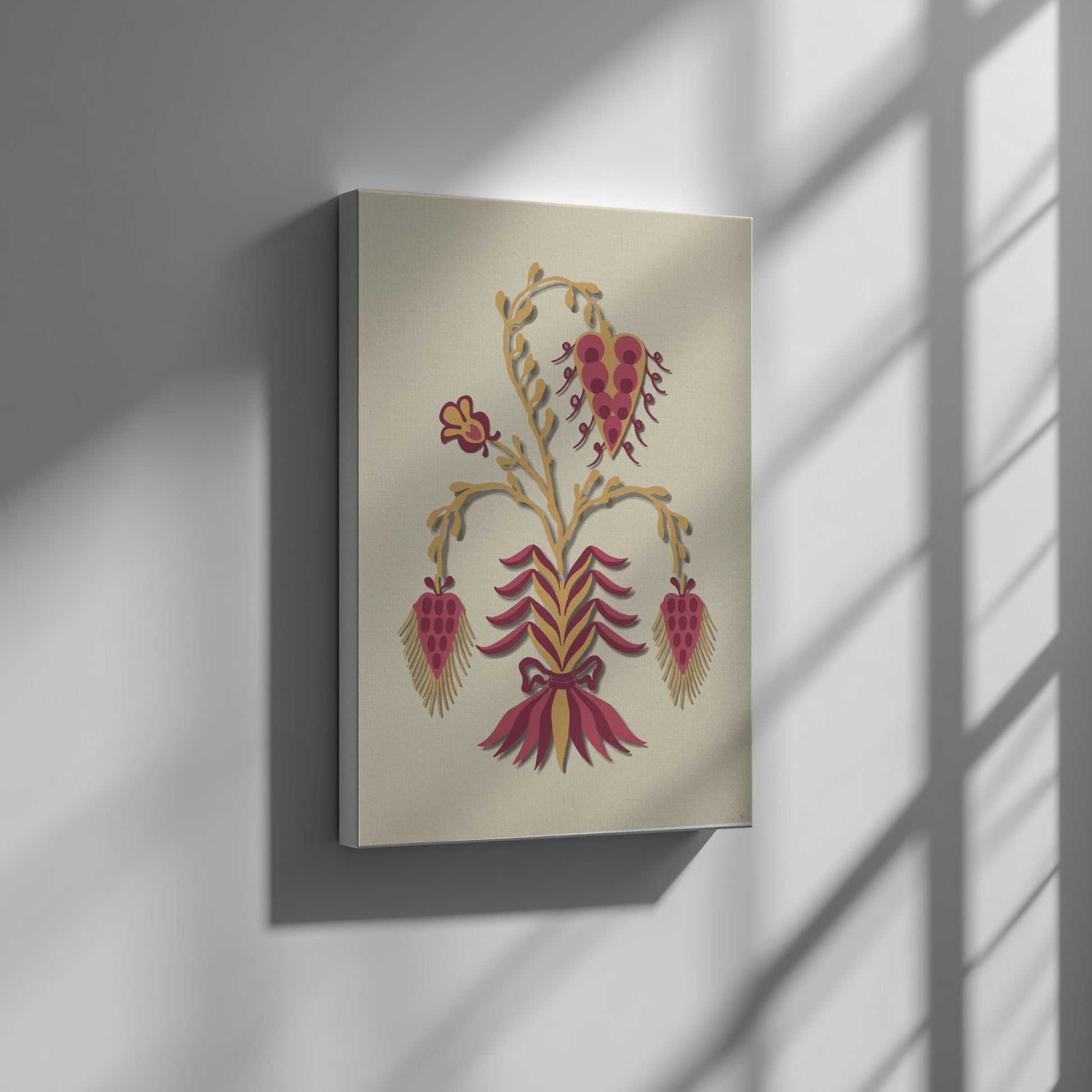Folk Art of Rural Pennsylvania poster featuring a stylized floral motif in yellow and berry red.