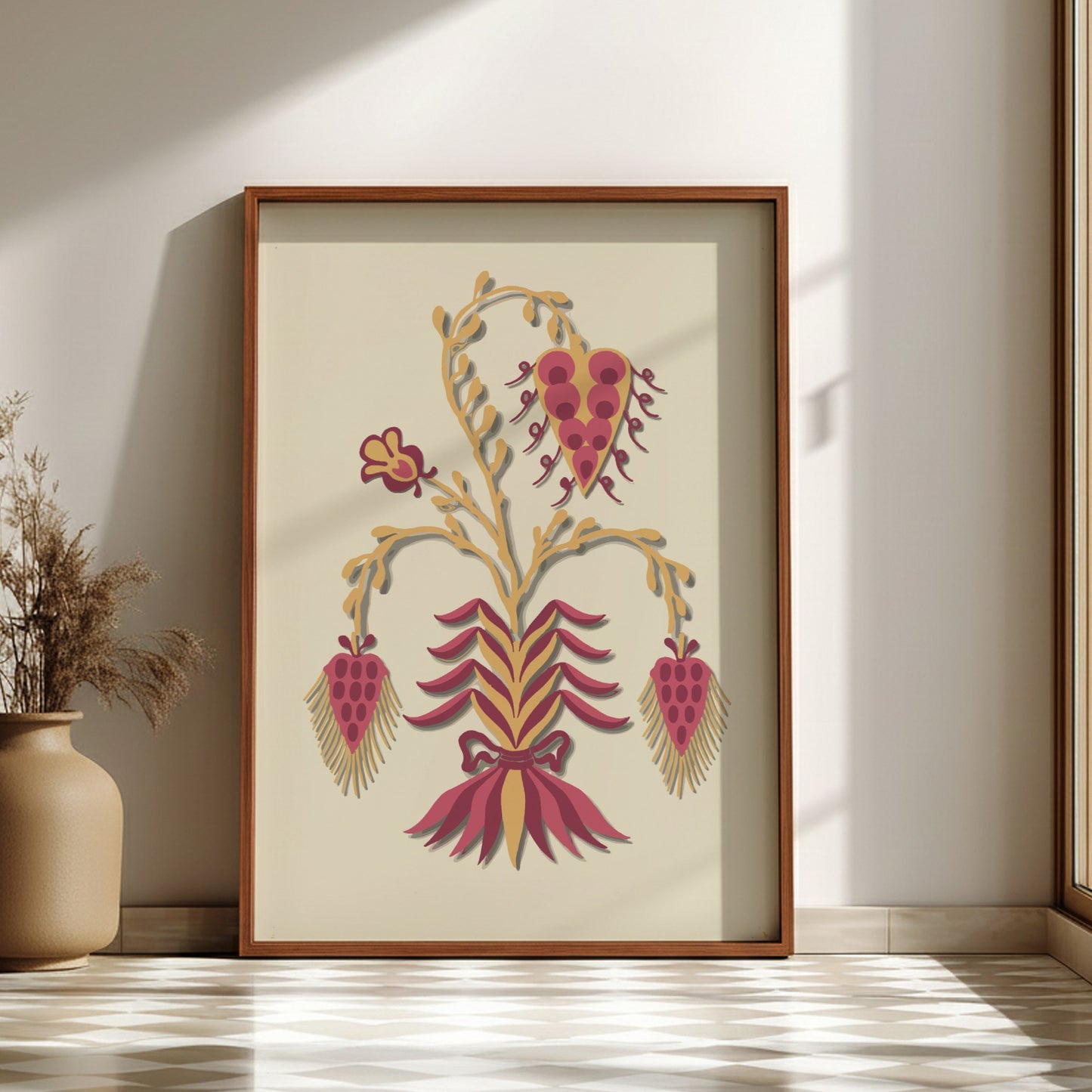 Folk Art of Rural Pennsylvania poster featuring a stylized floral motif in yellow and berry red.