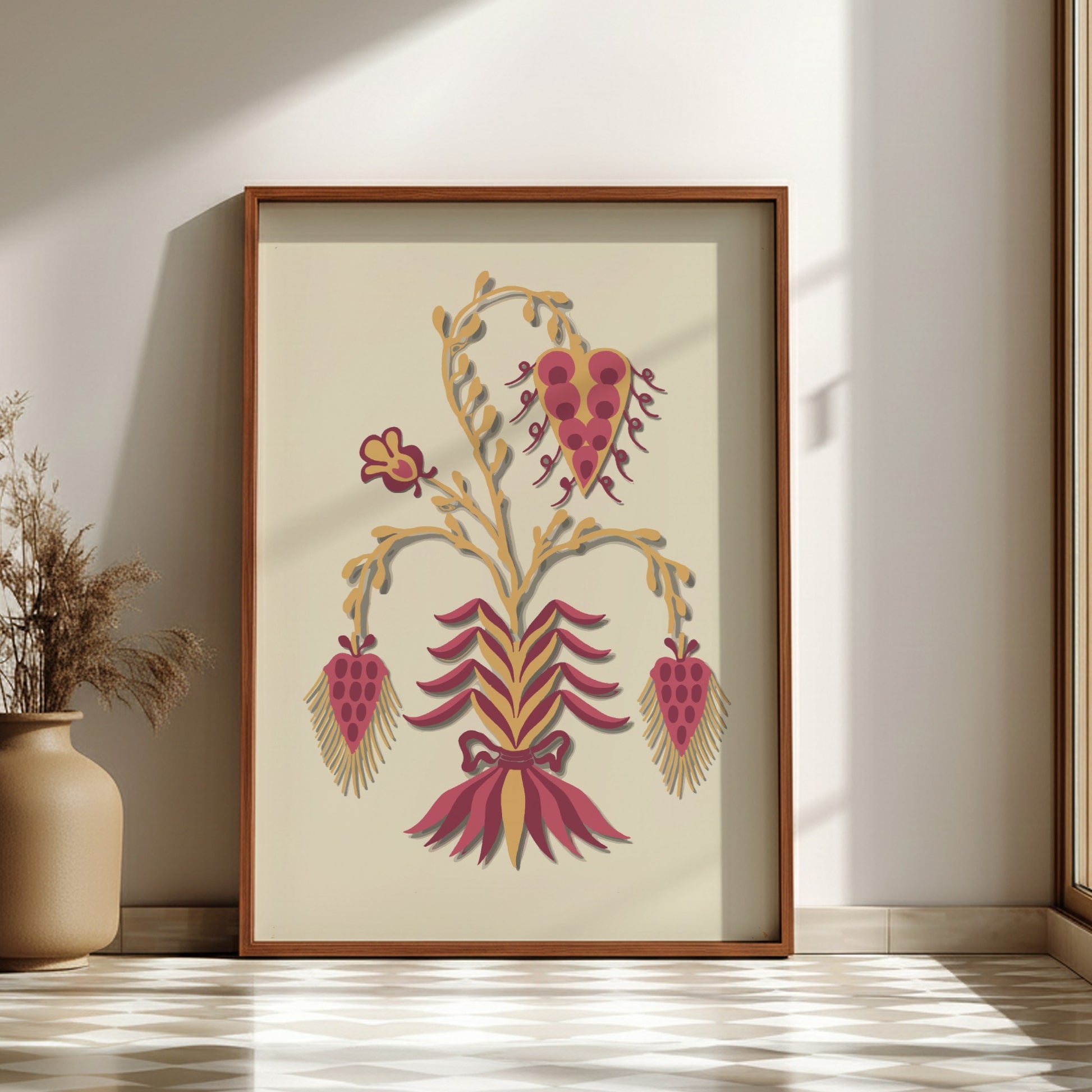 Folk Art of Rural Pennsylvania poster featuring a stylized floral motif in yellow and berry red.