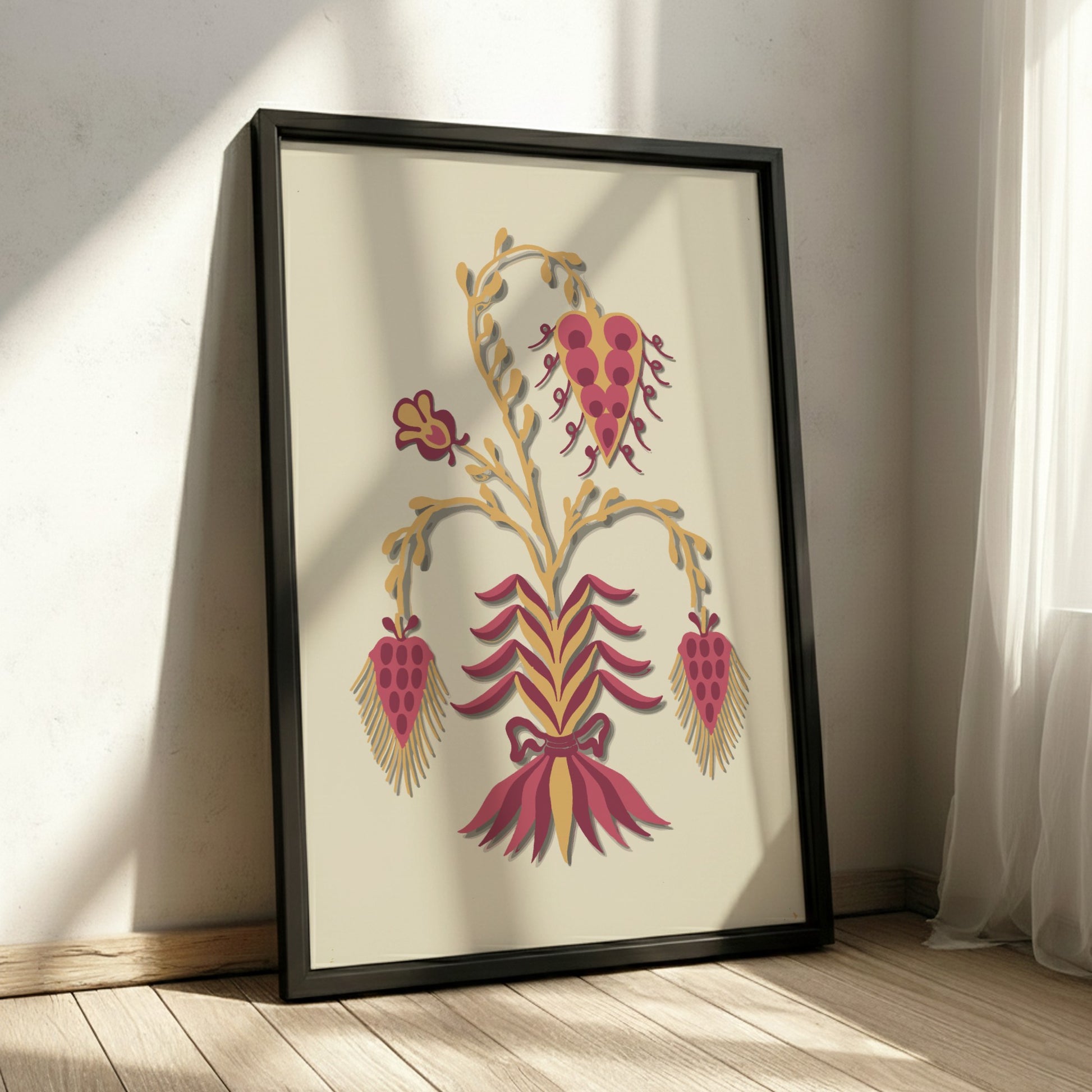 Folk Art of Rural Pennsylvania poster featuring a stylized floral motif in yellow and berry red.